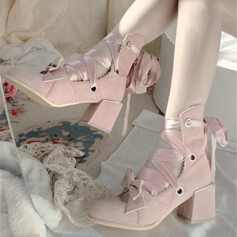 MR.Qiutian - Muse Kiss - Elegant Lolita Shoes Lace-up Bow Heels Round Toe - Image 27