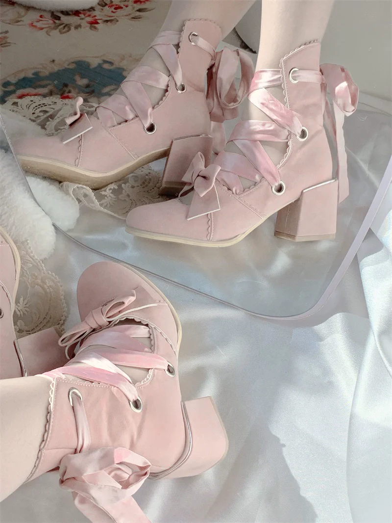 MR.Qiutian - Muse Kiss - Elegant Lolita Shoes Lace-up Bow Heels Round Toe - Image 28