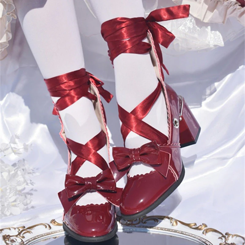 MR.Qiutian - Muse Kiss - Elegant Lolita Shoes Lace-up Bow Heels Round Toe - Image 4