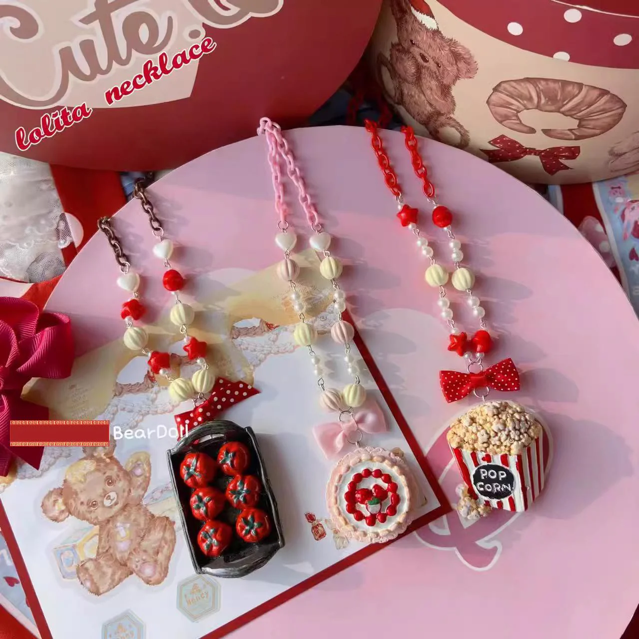 Bear Doll - Sweet Lolita Necklace Cute Beaded Cake Popcorn Tomato Shape Accessories - Image 3