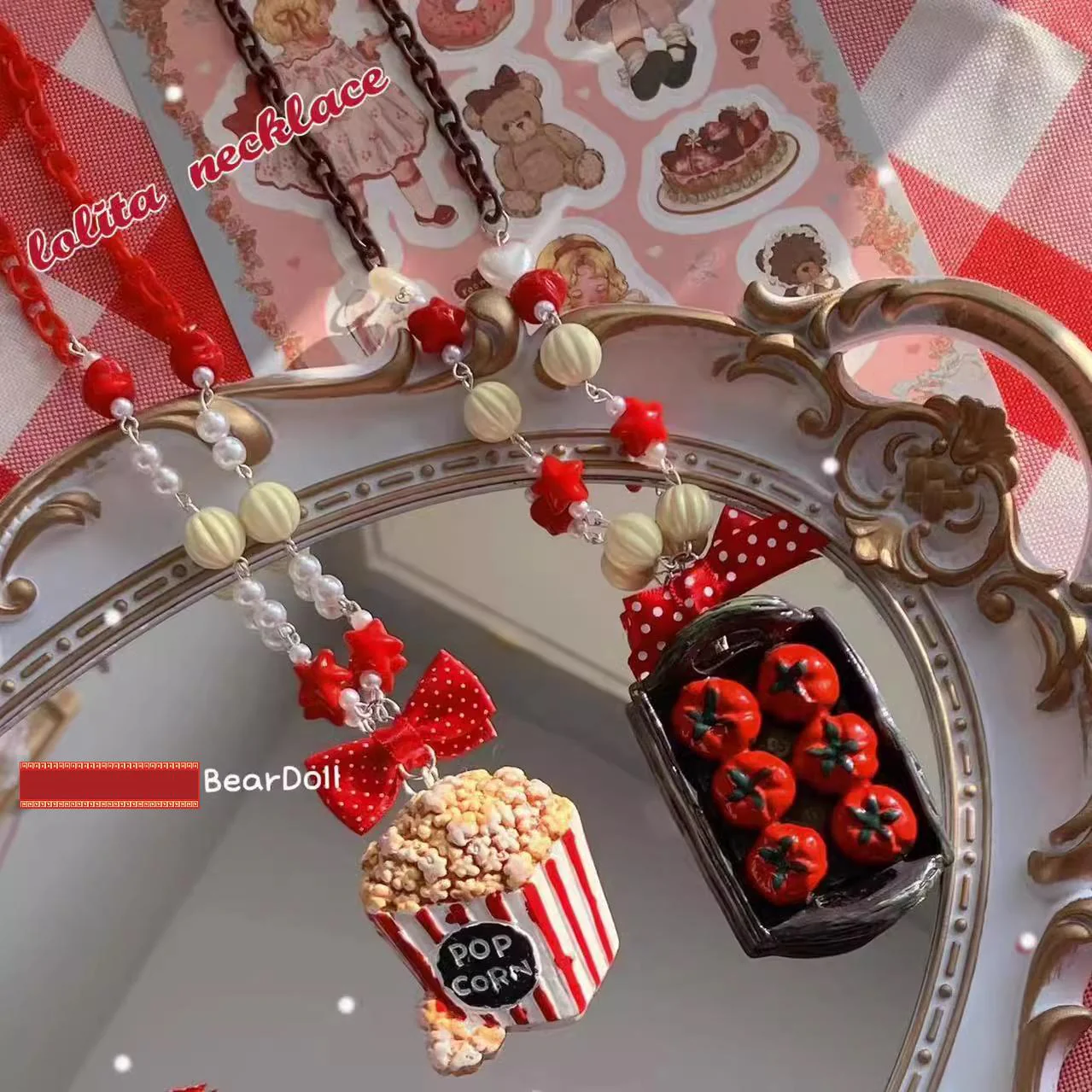 Bear Doll - Sweet Lolita Necklace Cute Beaded Cake Popcorn Tomato Shape Accessories - Image 4