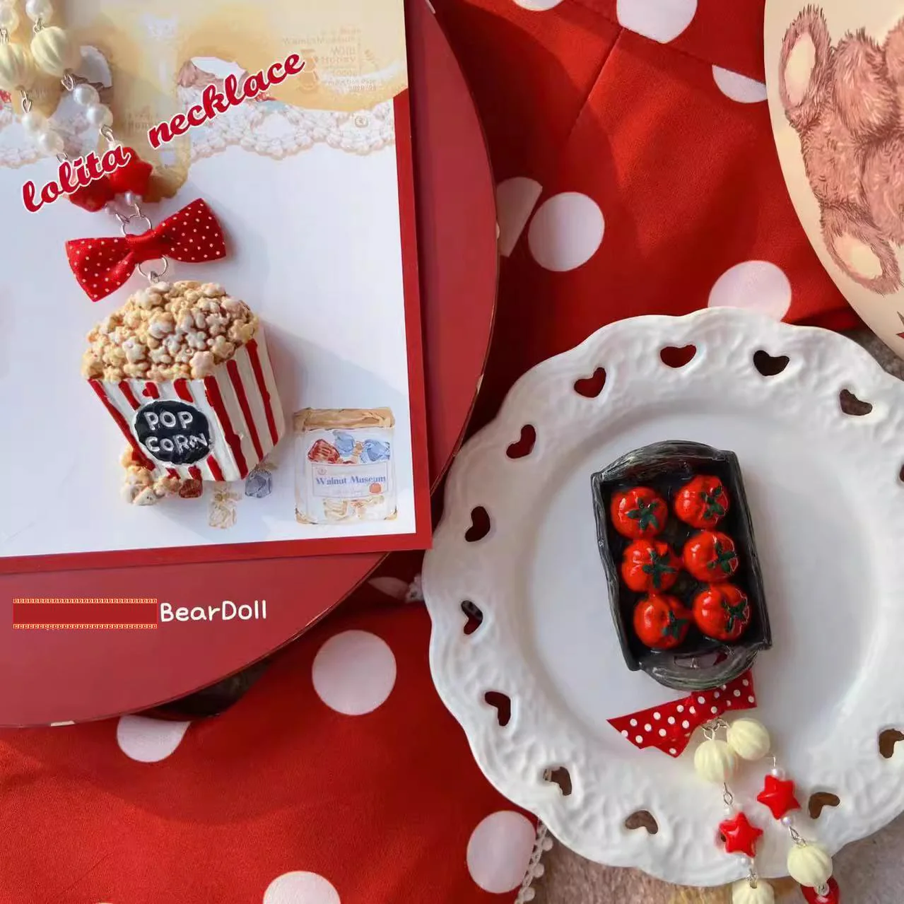 Bear Doll - Sweet Lolita Necklace Cute Beaded Cake Popcorn Tomato Shape Accessories - Image 6