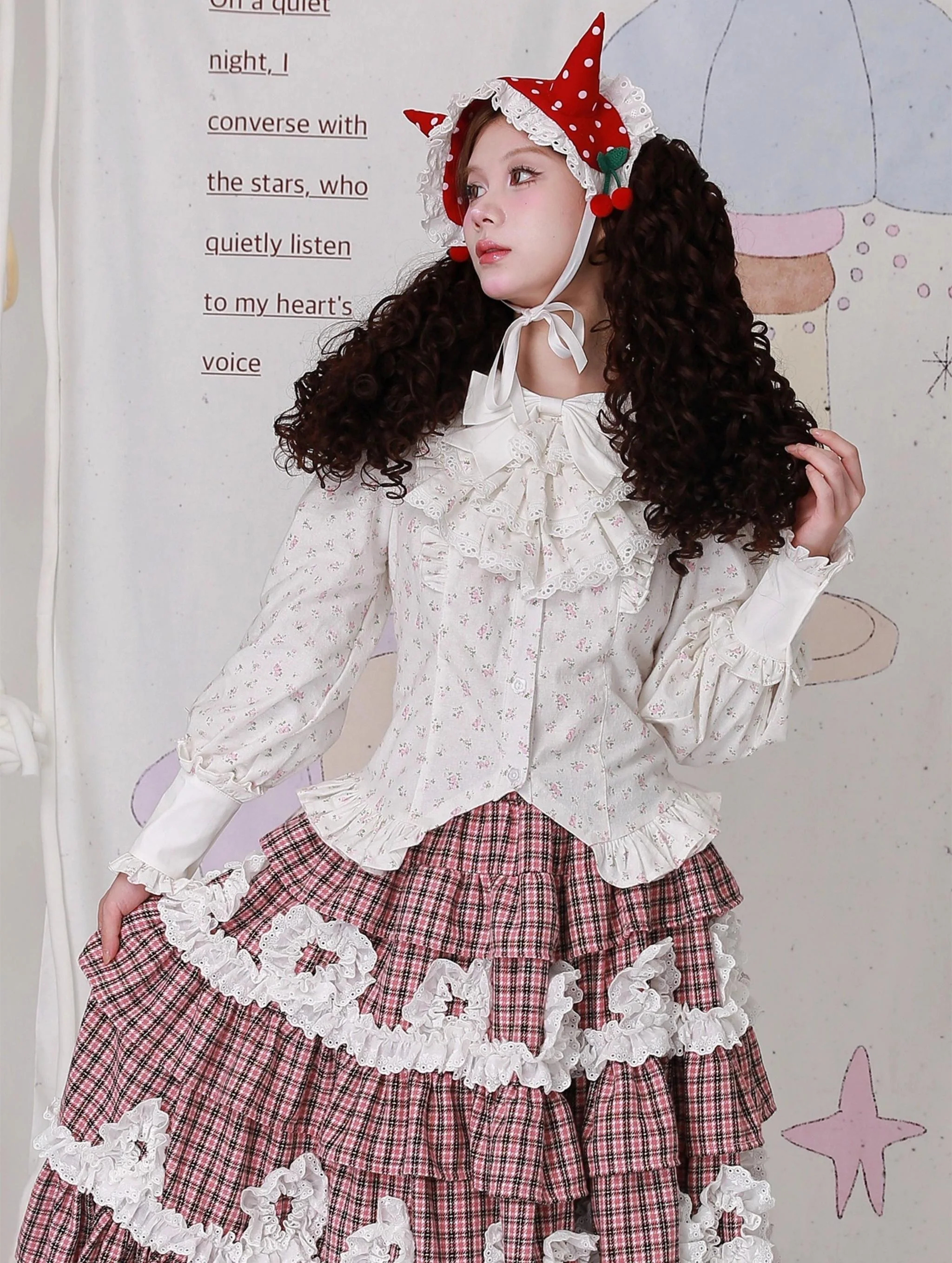 Old School Lolita Cotton Shirt, Floral Print - Image 9