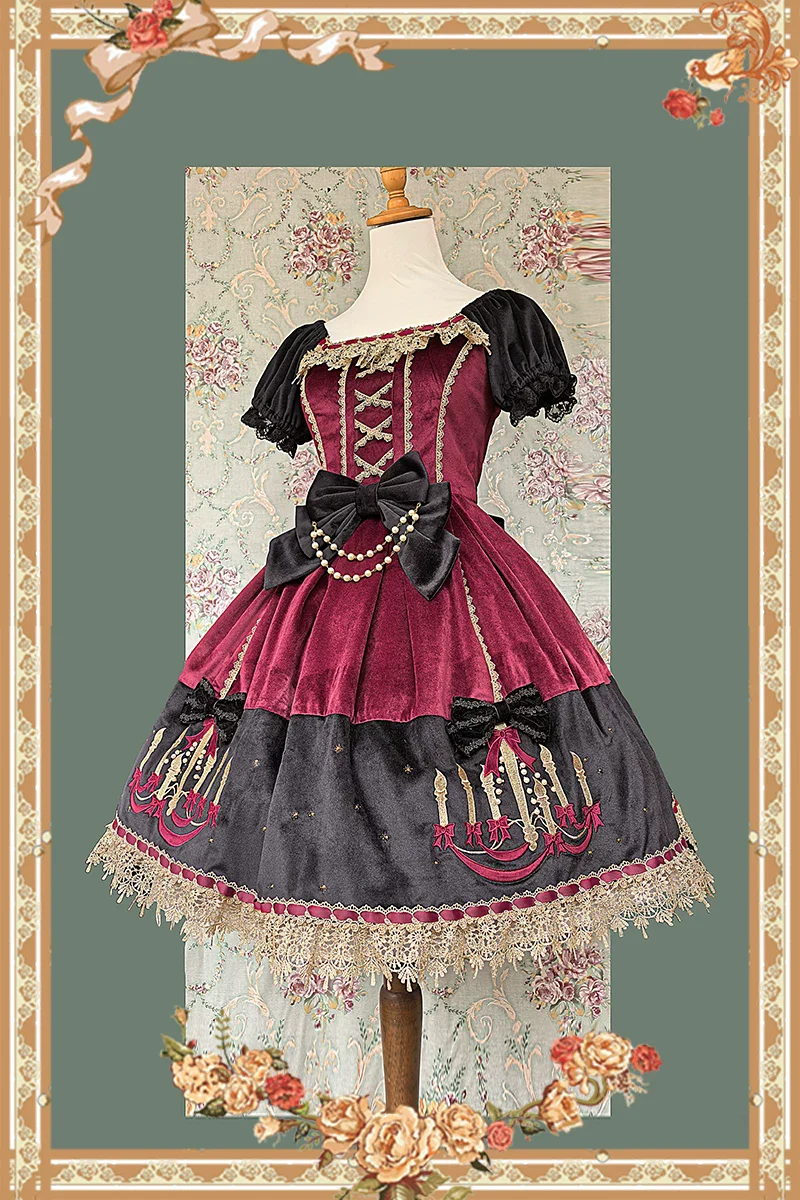 Chandelier - Old School Lolita OP Dress, Polka Dot, Chandelier Print - Image 11