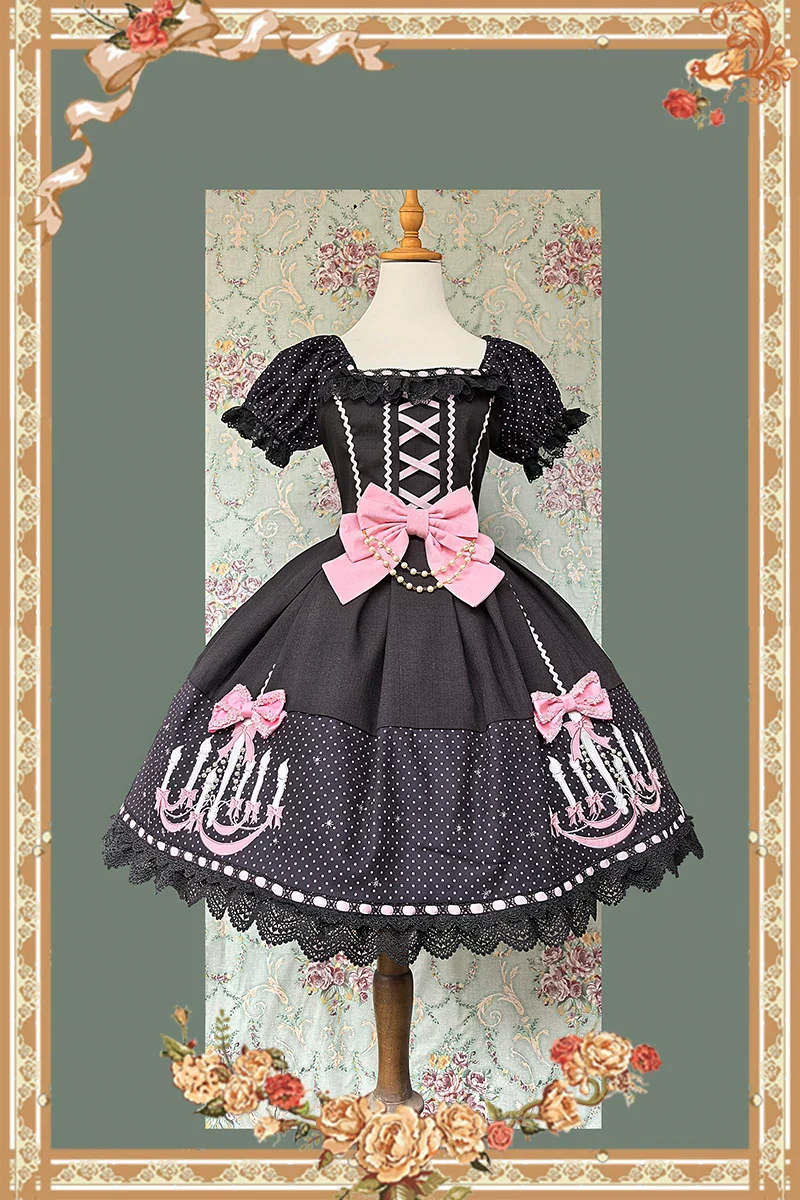 Chandelier - Old School Lolita OP Dress, Polka Dot, Chandelier Print - Image 3
