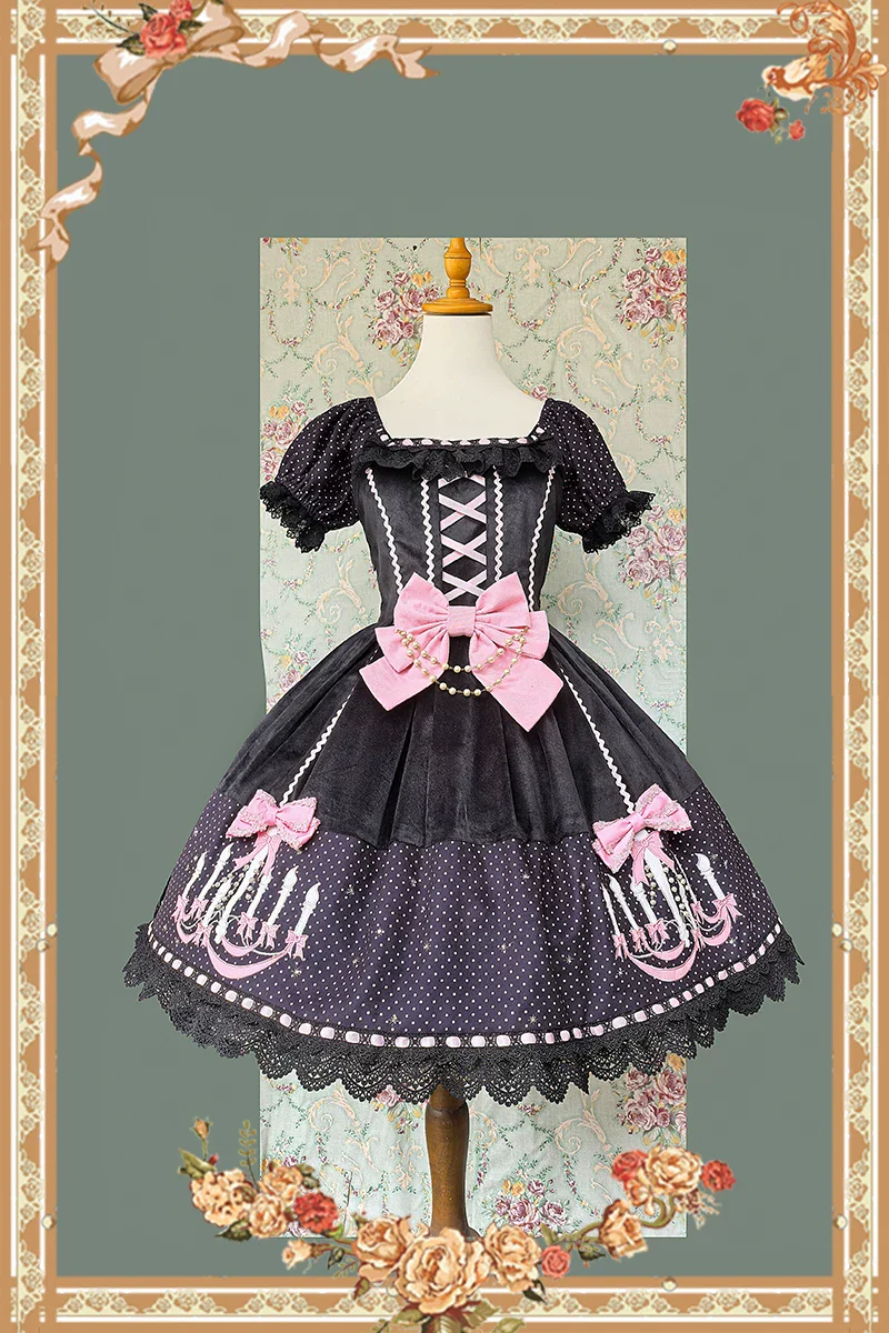 Chandelier - Old School Lolita OP Dress, Polka Dot, Chandelier Print - Image 4