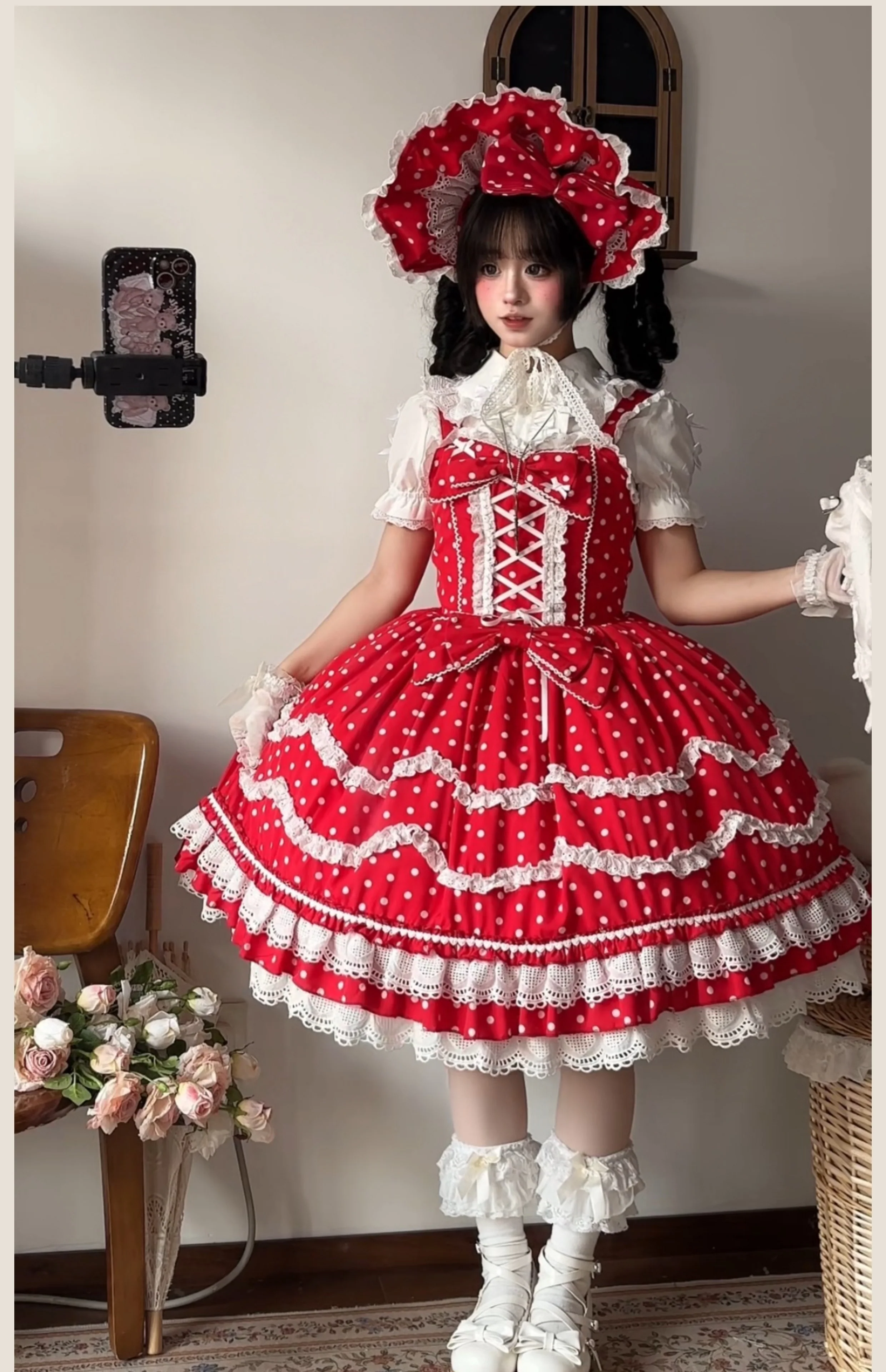Polka Bailys - Old School Lolita JSK Suit, Red White Polka Dot Dress - Image 10