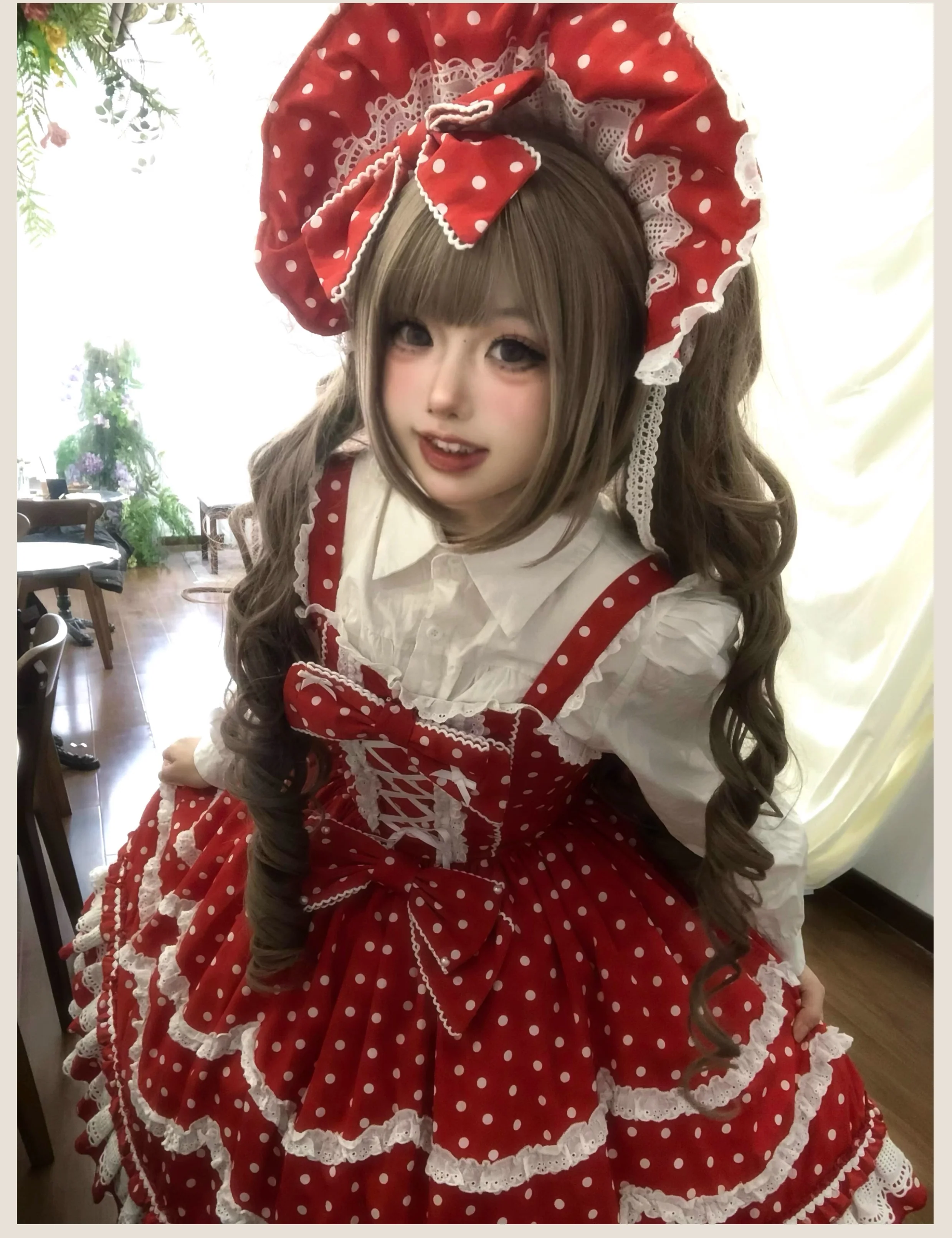 Polka Bailys - Old School Lolita JSK Suit, Red White Polka Dot Dress - Image 11
