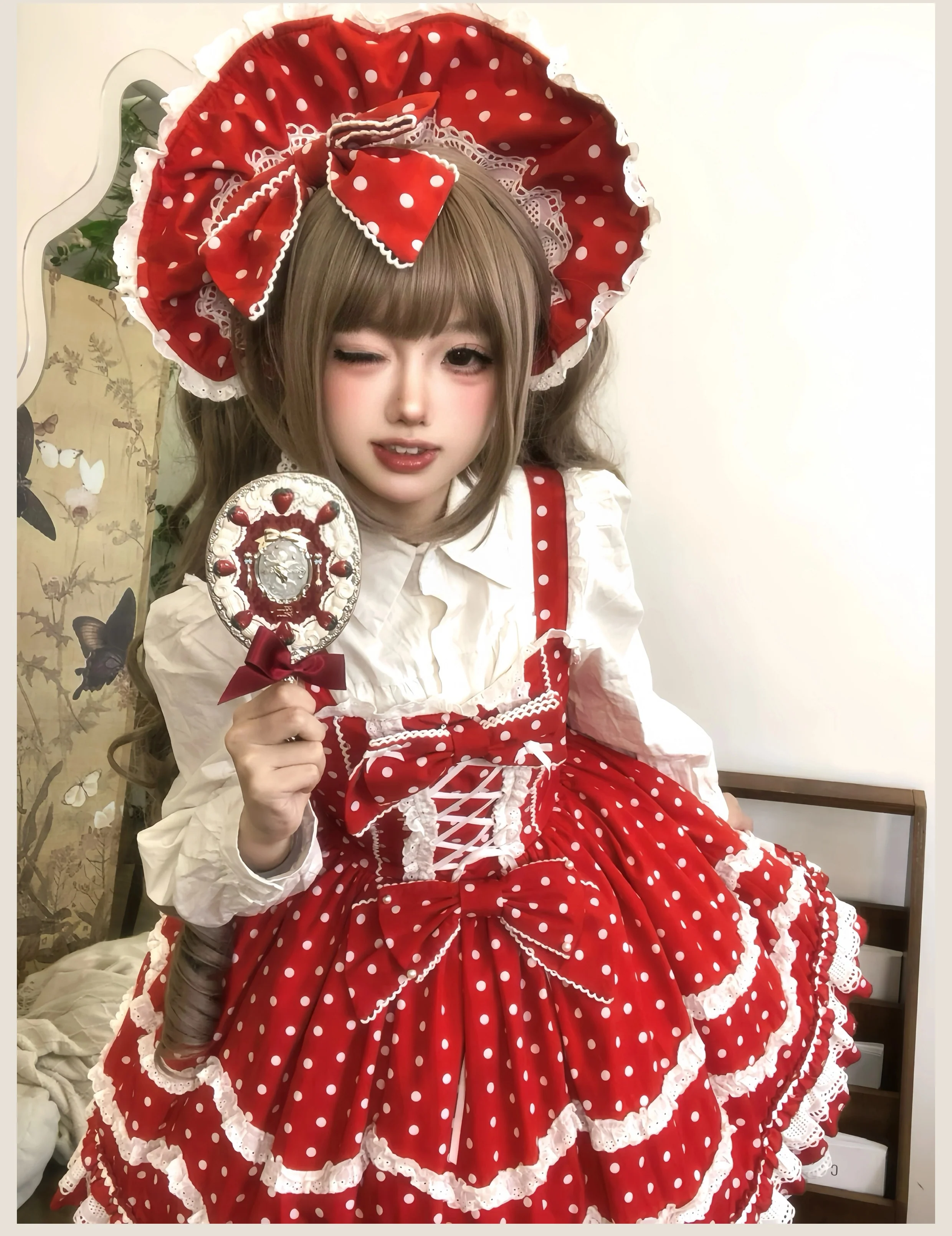 Polka Bailys - Old School Lolita JSK Suit, Red White Polka Dot Dress - Image 12