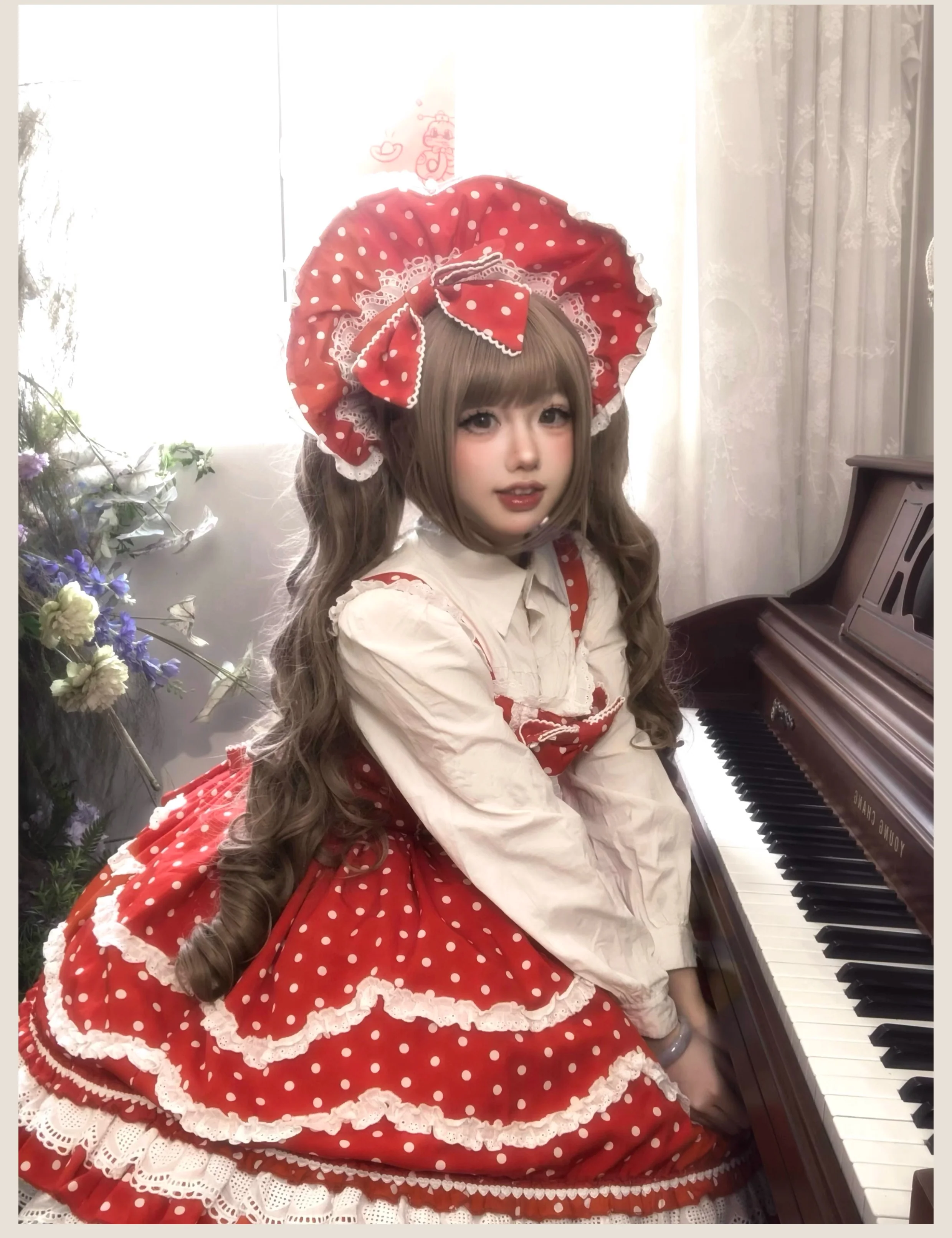 Polka Bailys - Old School Lolita JSK Suit, Red White Polka Dot Dress - Image 14