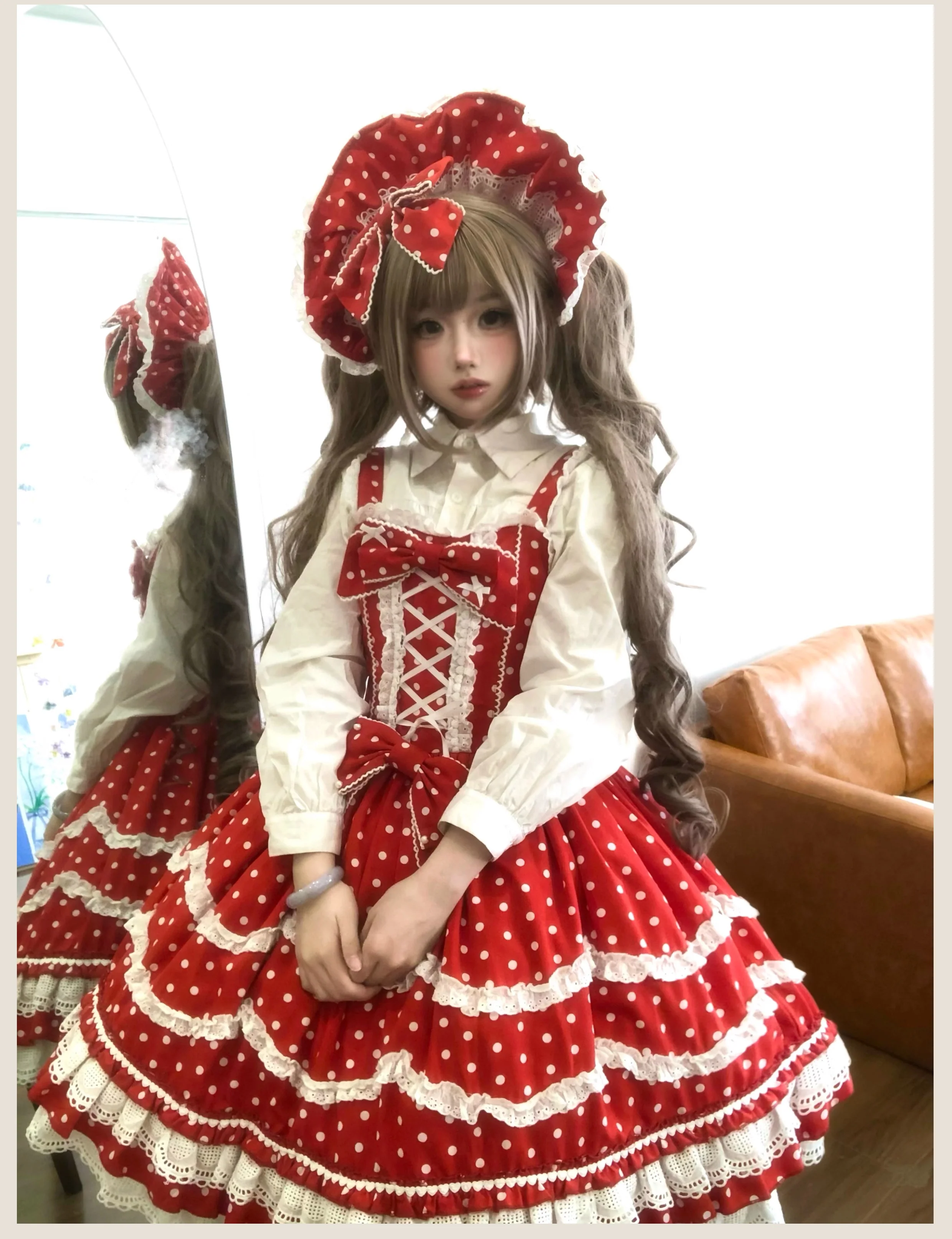 Polka Bailys - Old School Lolita JSK Suit, Red White Polka Dot Dress - Image 15