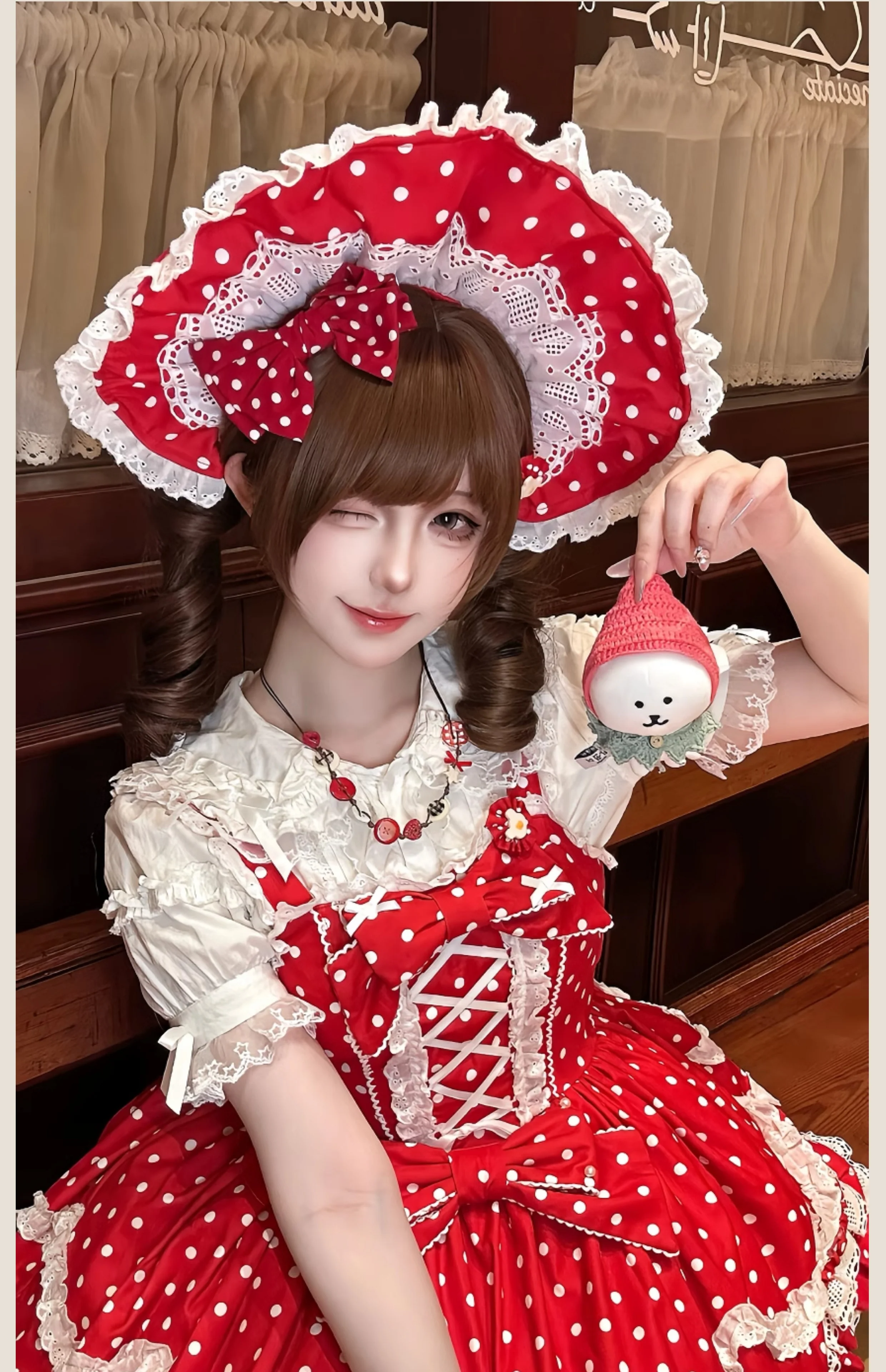 Polka Bailys - Old School Lolita JSK Suit, Red White Polka Dot Dress - Image 16