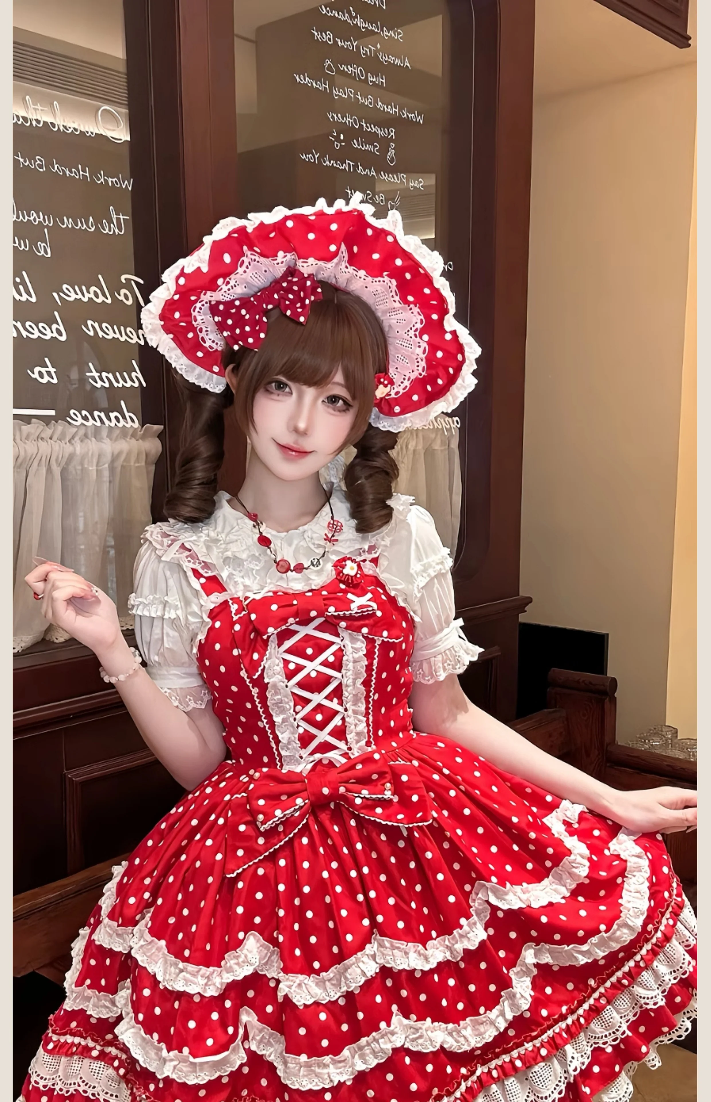 Polka Bailys - Old School Lolita JSK Suit, Red White Polka Dot Dress - Image 18