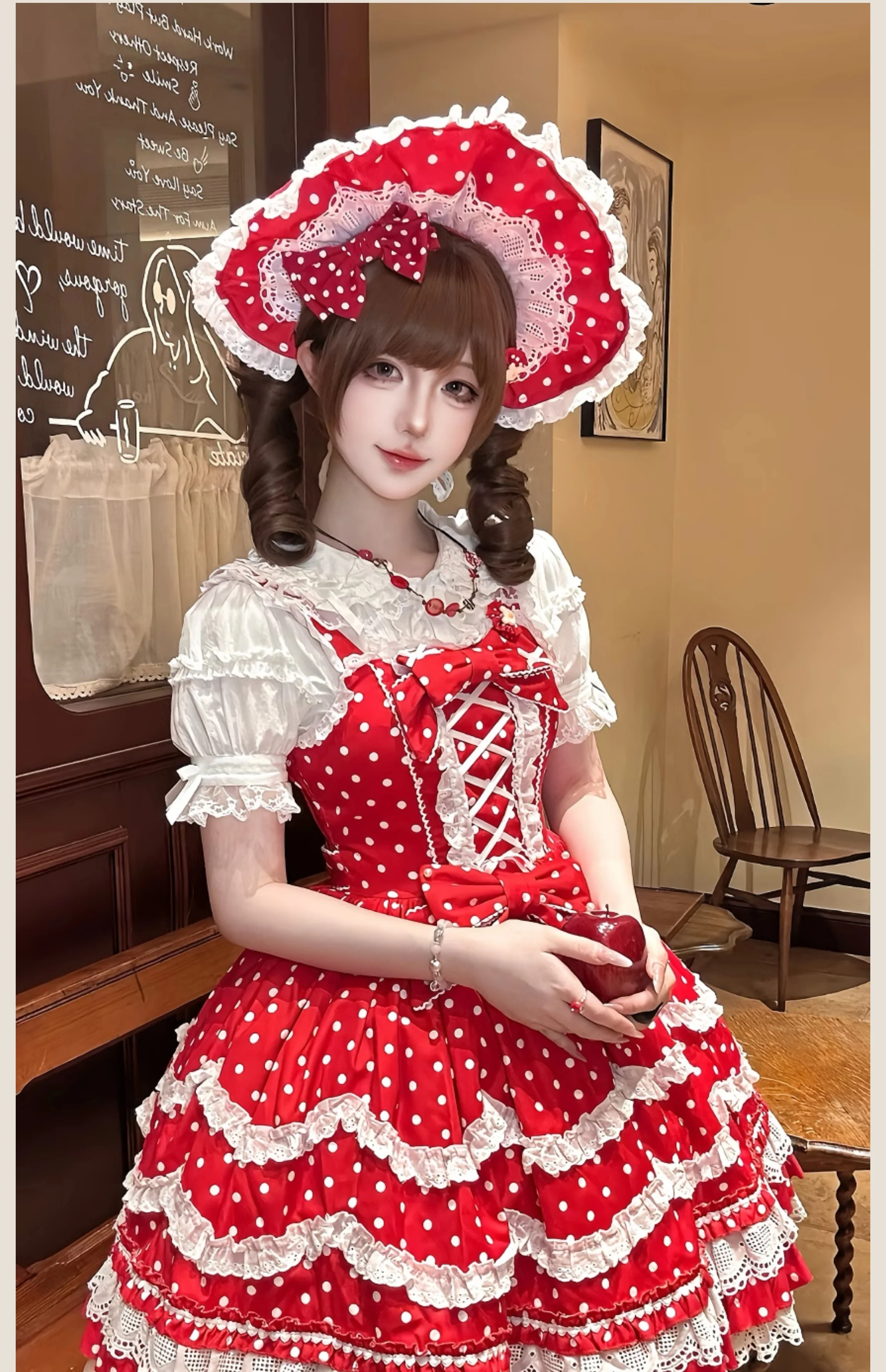 Polka Bailys - Old School Lolita JSK Suit, Red White Polka Dot Dress - Image 19