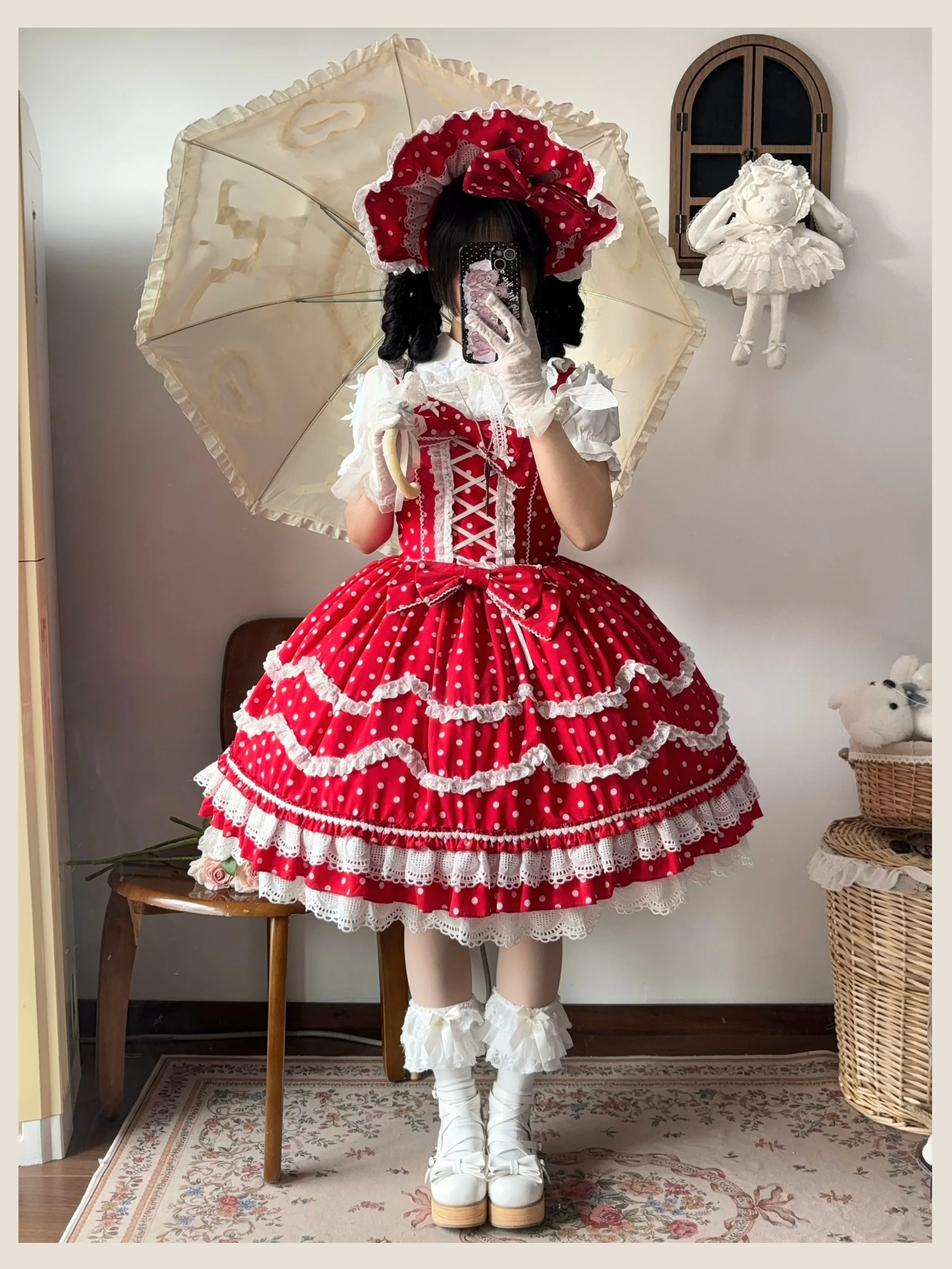 Polka Bailys - Old School Lolita JSK Suit, Red White Polka Dot Dress - Image 3