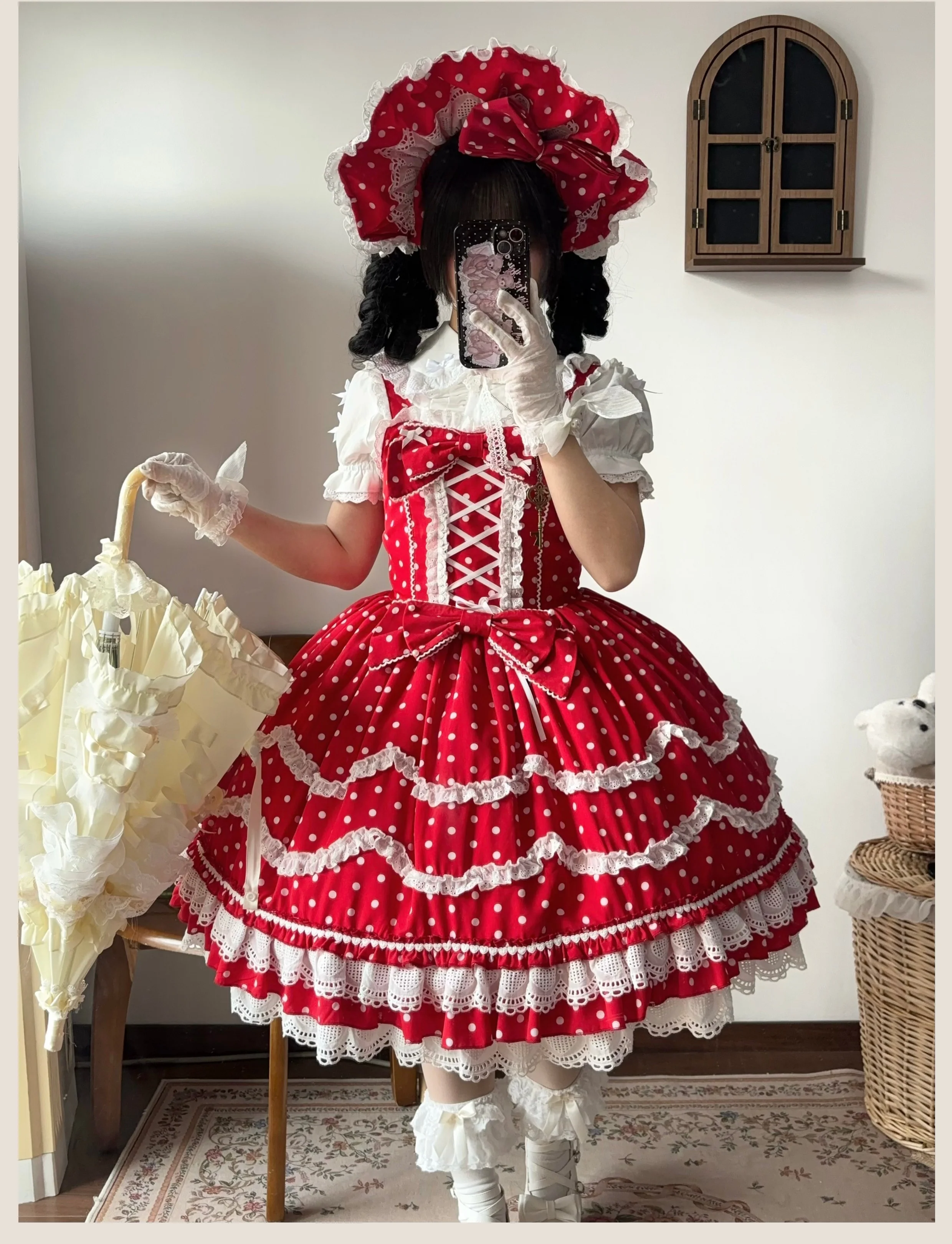 Polka Bailys - Old School Lolita JSK Suit, Red White Polka Dot Dress - Image 6