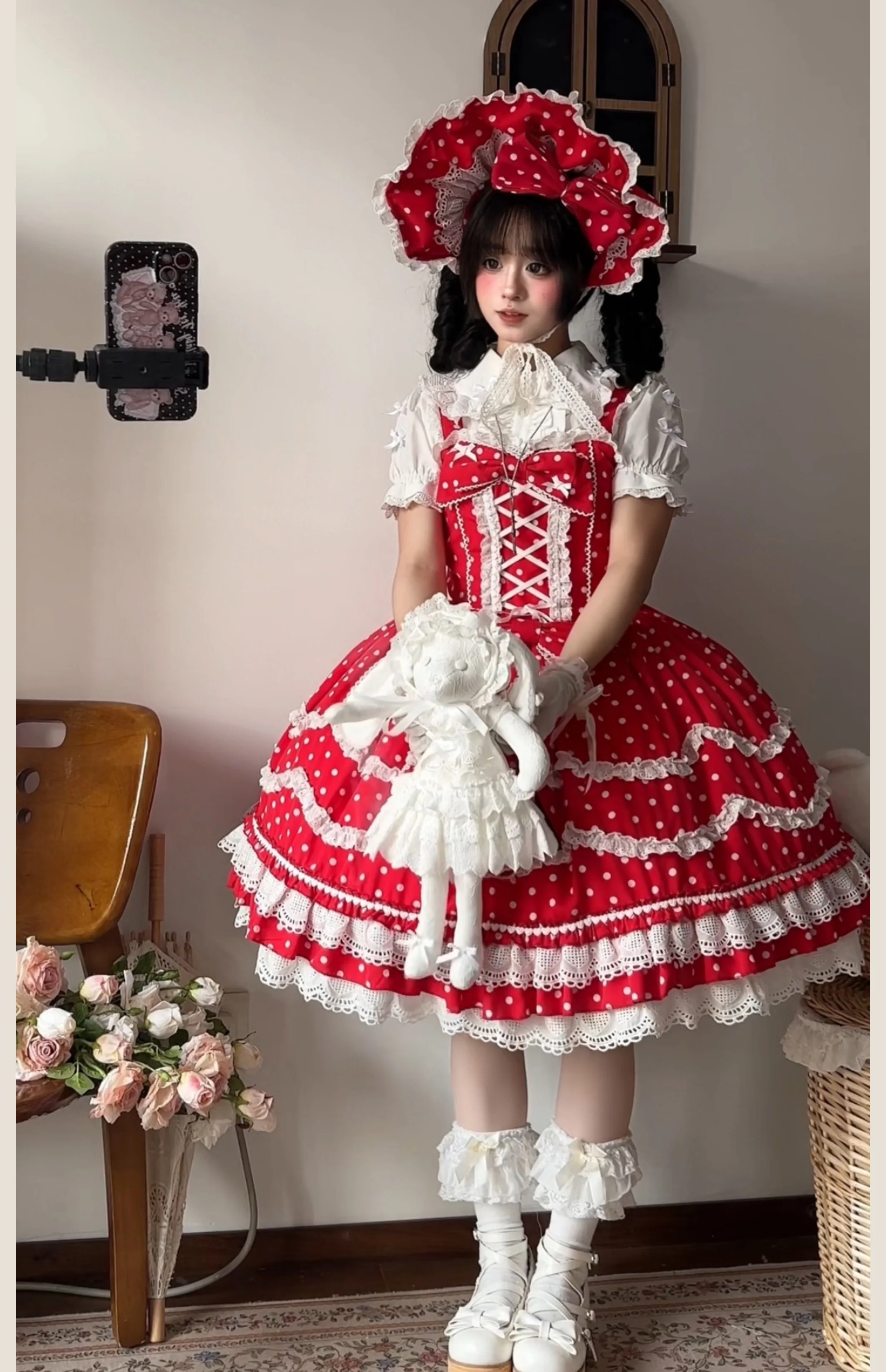 Polka Bailys - Old School Lolita JSK Suit, Red White Polka Dot Dress - Image 7