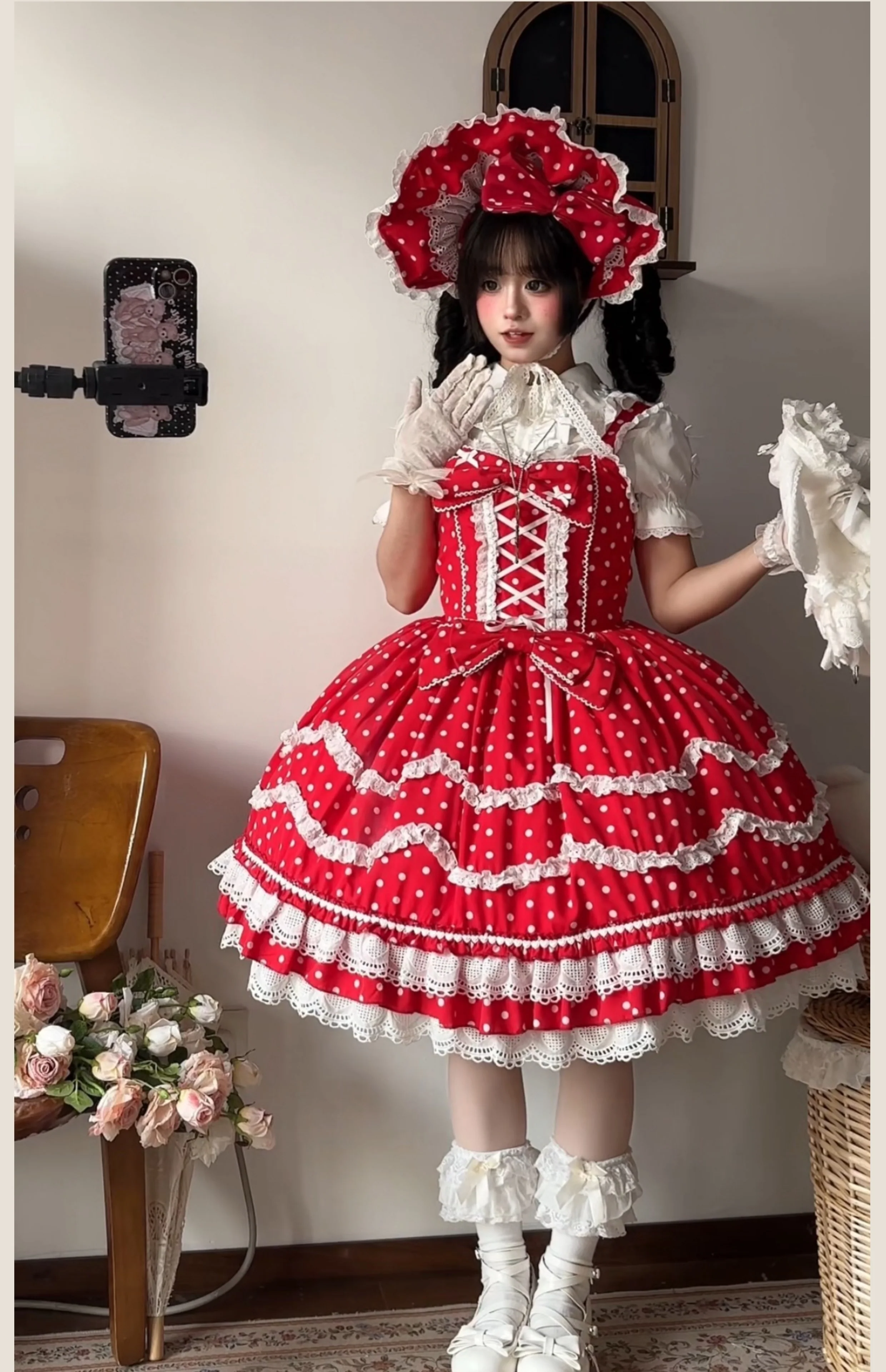 Polka Bailys - Old School Lolita JSK Suit, Red White Polka Dot Dress - Image 8