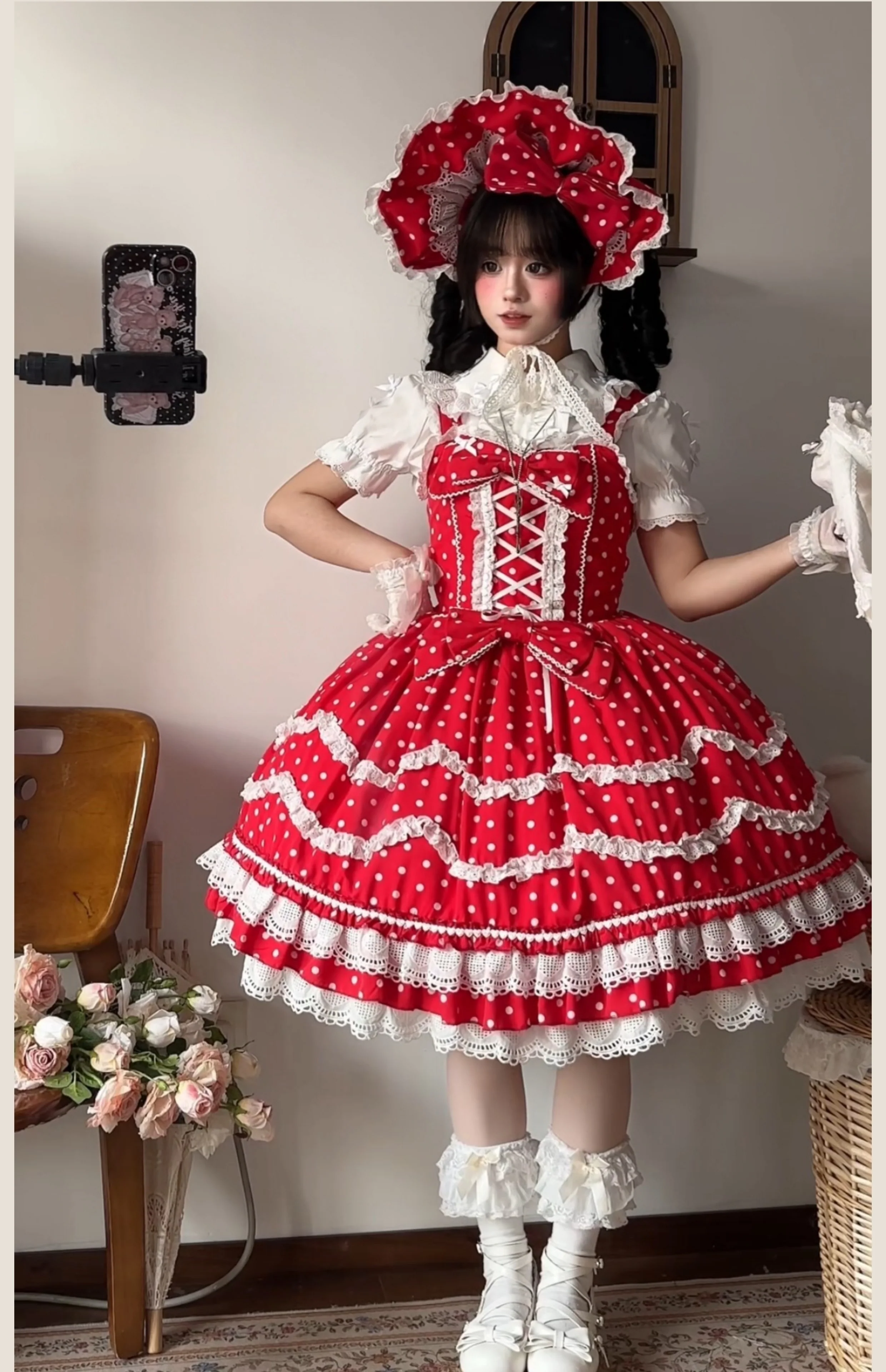 Polka Bailys - Old School Lolita JSK Suit, Red White Polka Dot Dress - Image 9