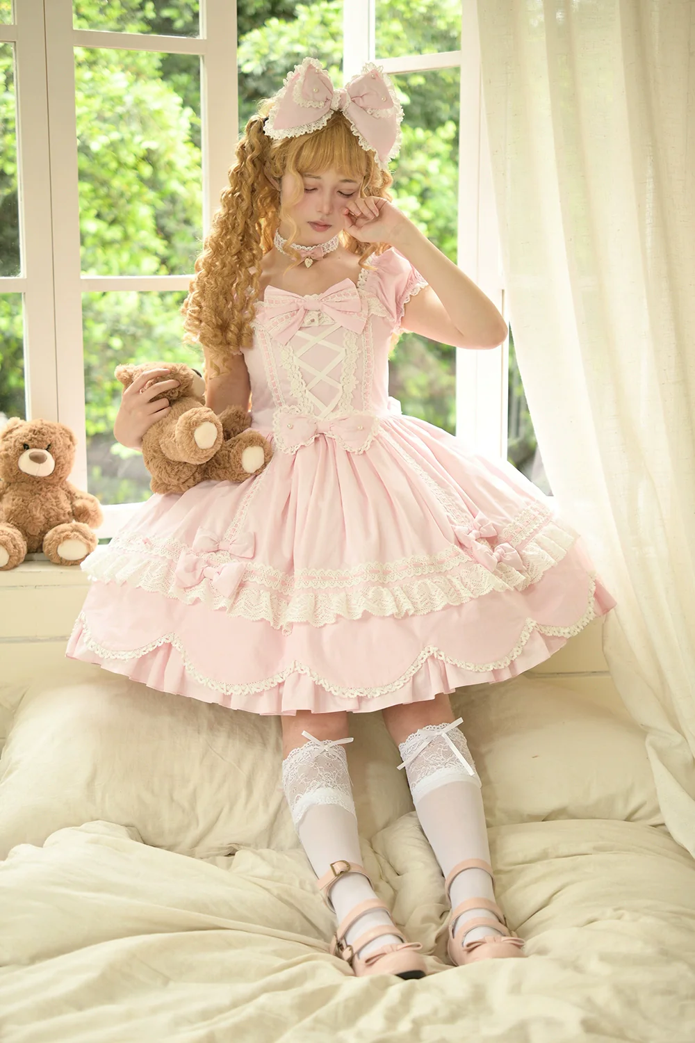 Vintage Petal Rabbit - Old School Lolita OP Cotton Dress, Petal-Shaped Hem - Image 10