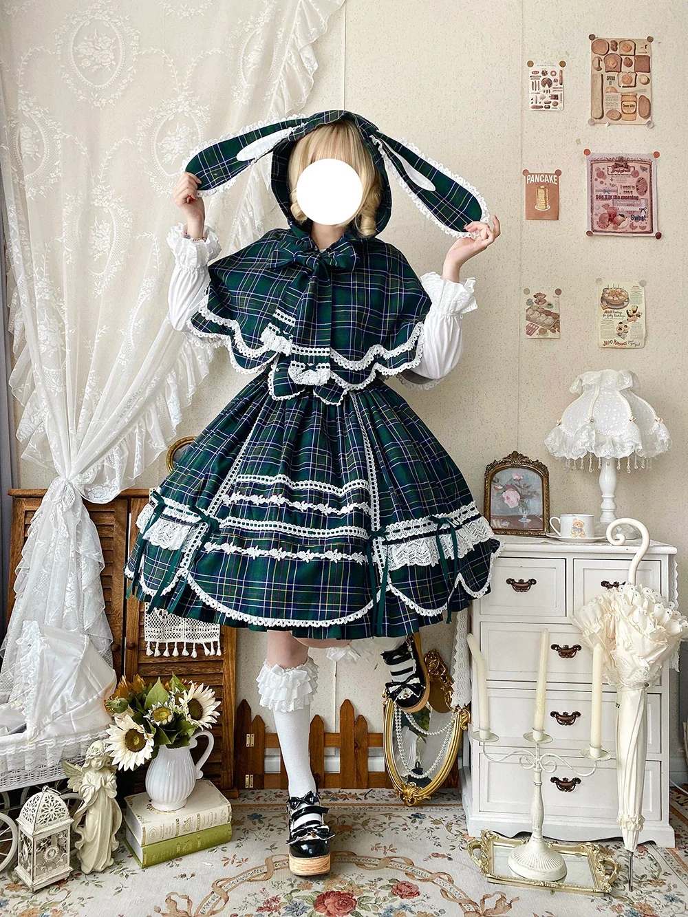 Plaid Petal Bunny - Old School Lolita Plaid JSK Dress, Side Pockets - Image 23