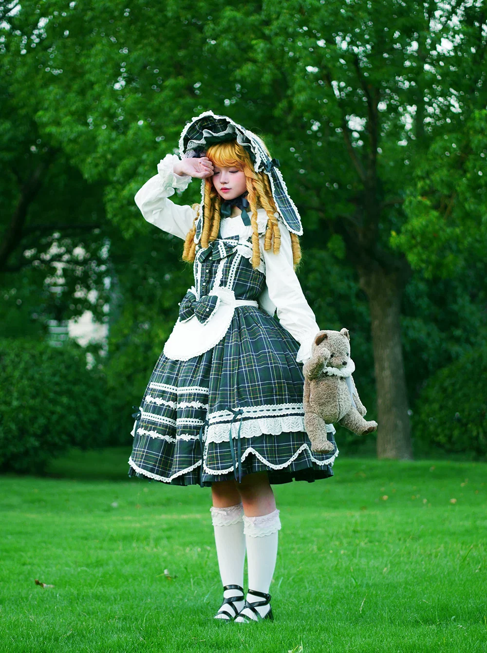 Plaid Petal Bunny - Old School Lolita Plaid JSK Dress, Side Pockets - Image 32