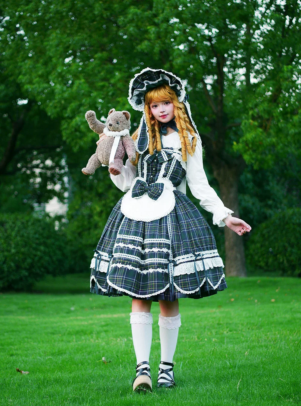 Plaid Petal Bunny - Old School Lolita Plaid JSK Dress, Side Pockets - Image 33