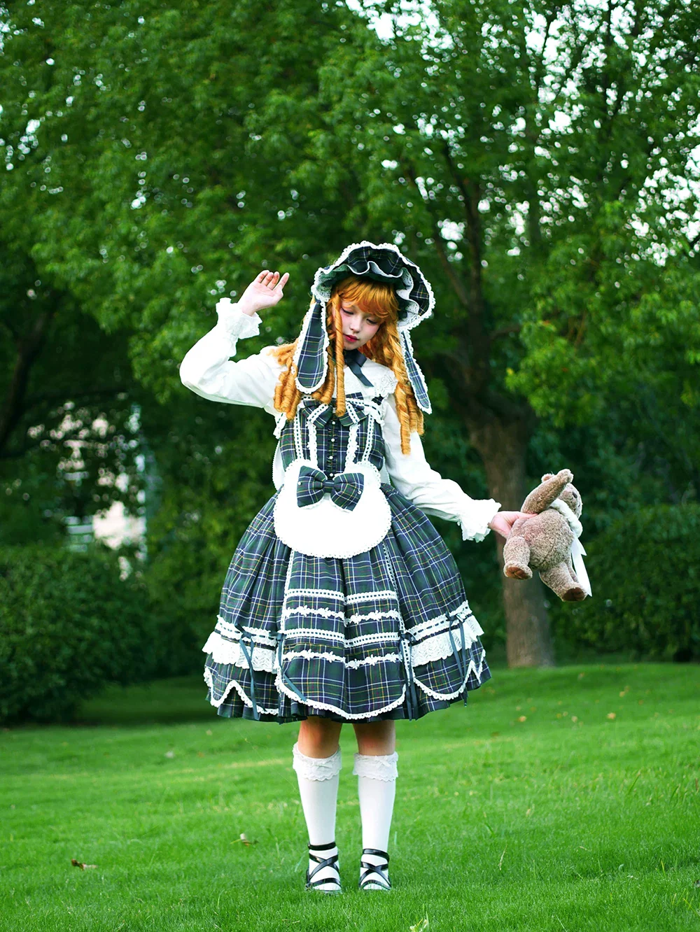 Plaid Petal Bunny - Old School Lolita Plaid JSK Dress, Side Pockets - Image 34