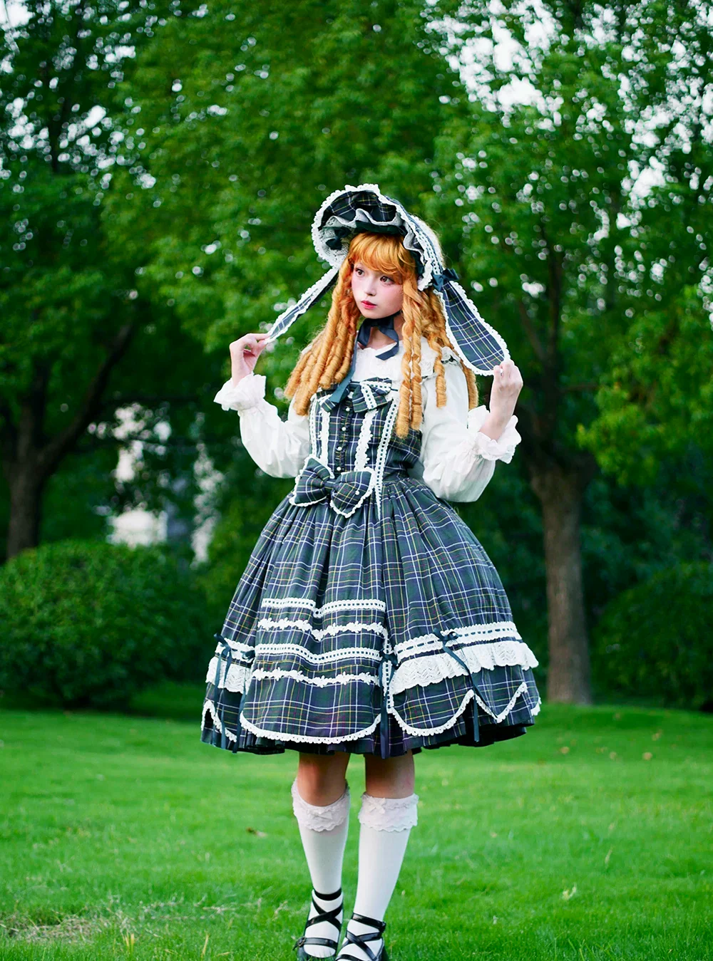 Plaid Petal Bunny - Old School Lolita Plaid JSK Dress, Side Pockets - Image 36