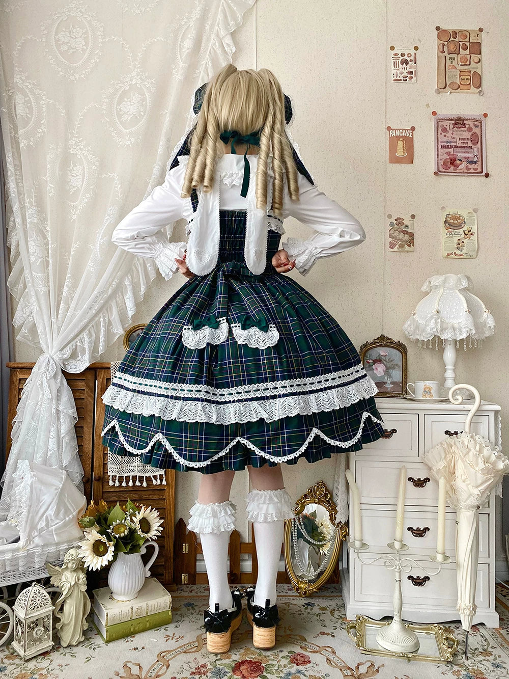 Plaid Petal Bunny - Old School Lolita Plaid JSK Dress, Side Pockets - Image 4