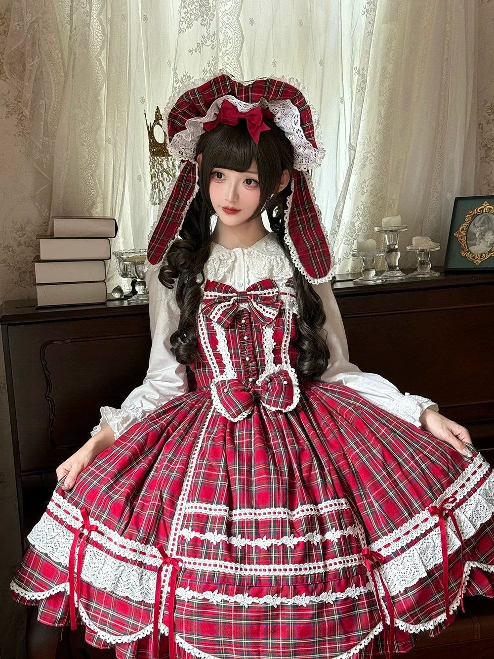 Plaid Petal Bunny - Old School Lolita Plaid JSK Dress, Side Pockets - Image 5