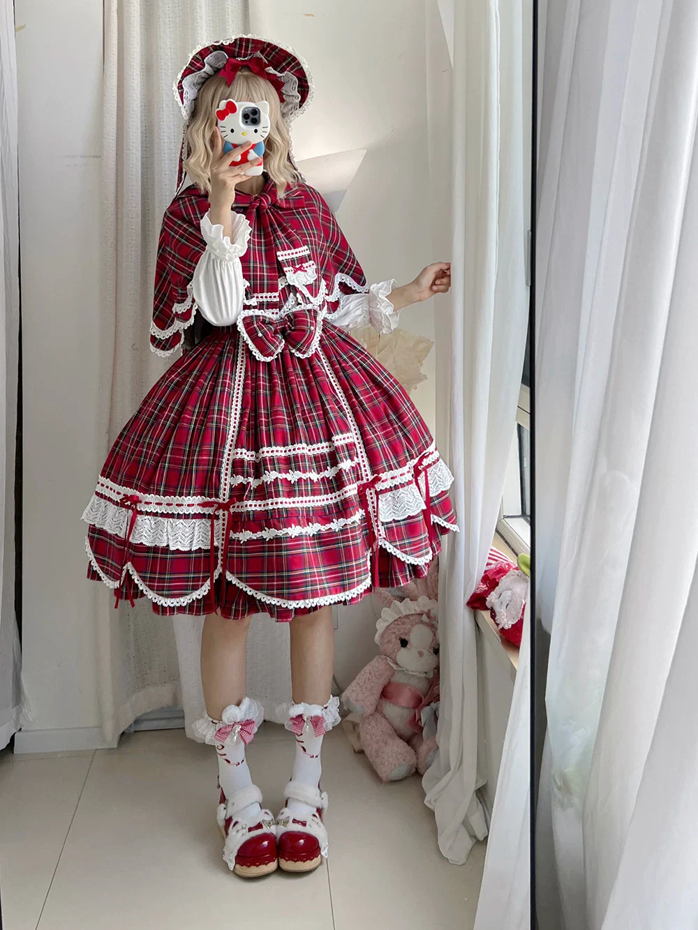 Plaid Petal Bunny - Old School Lolita Plaid JSK Dress, Side Pockets - Image 7