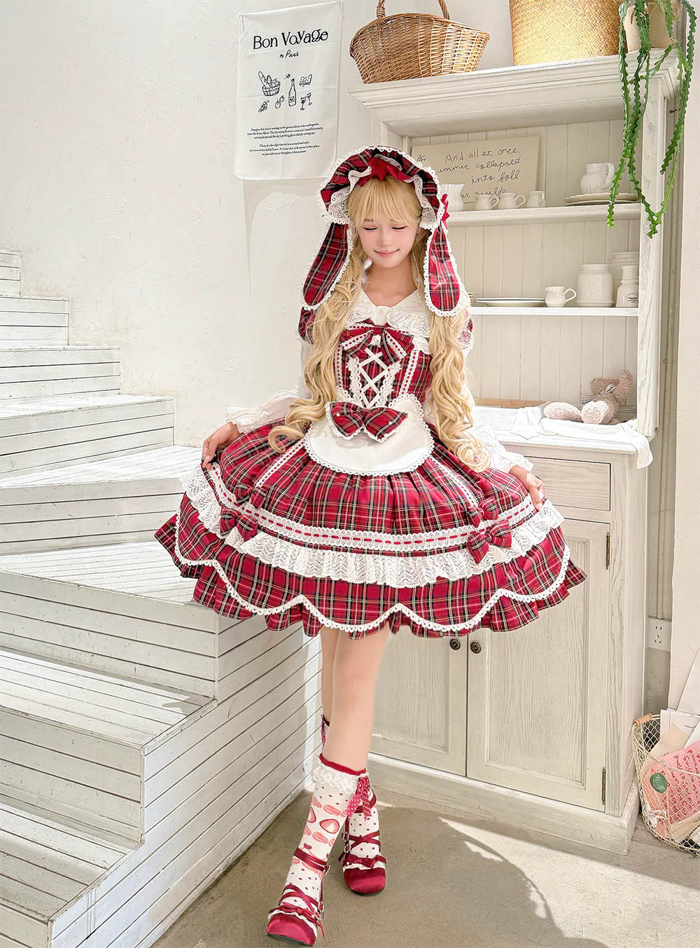 Plaid Petal Bunny - Old School Lolita Plaid OP Dress, Petal-shaped Hem - Image 22