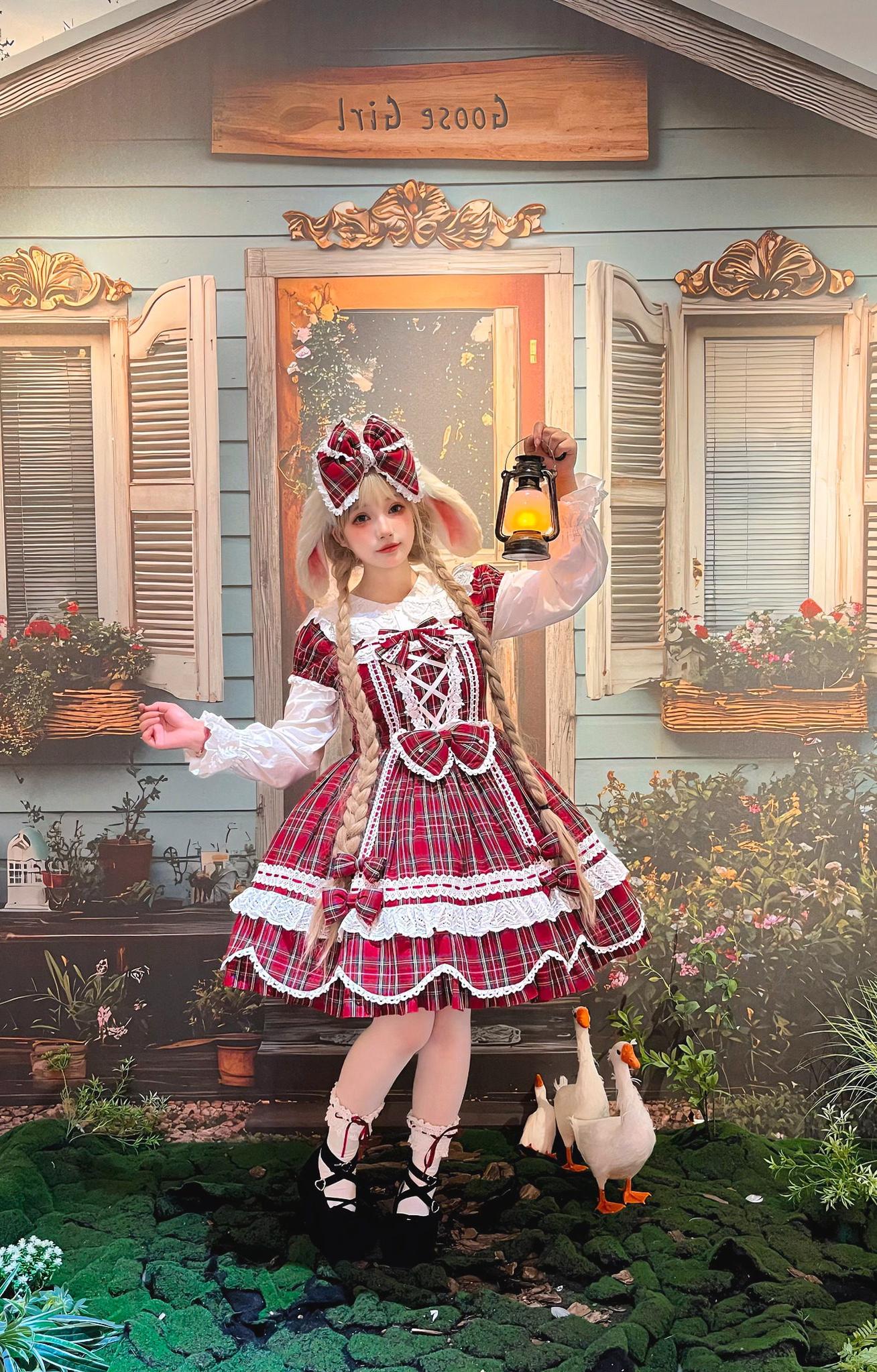 Plaid Petal Bunny - Old School Lolita Plaid OP Dress, Petal-shaped Hem - Image 4