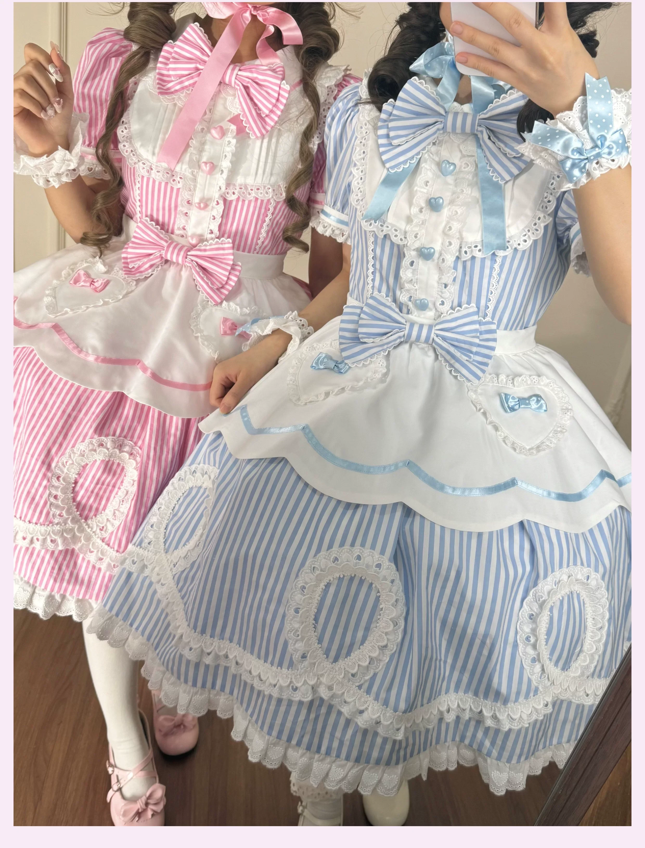 Candy Shop Manager - Old School Lolita Striped OP Dress, Detachable Apron - Image 24