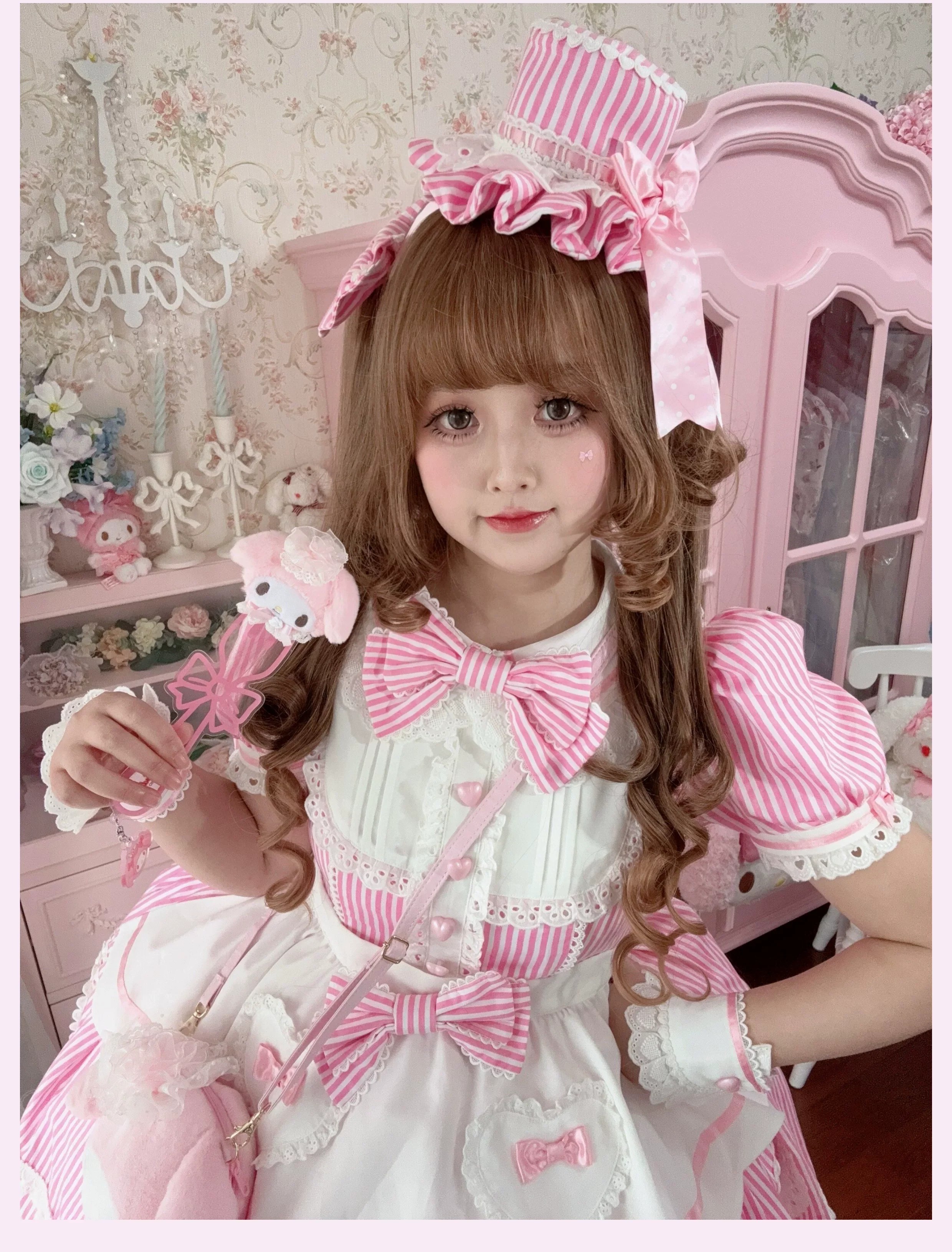 Candy Shop Manager - Old School Lolita Striped OP Dress, Detachable Apron - Image 32