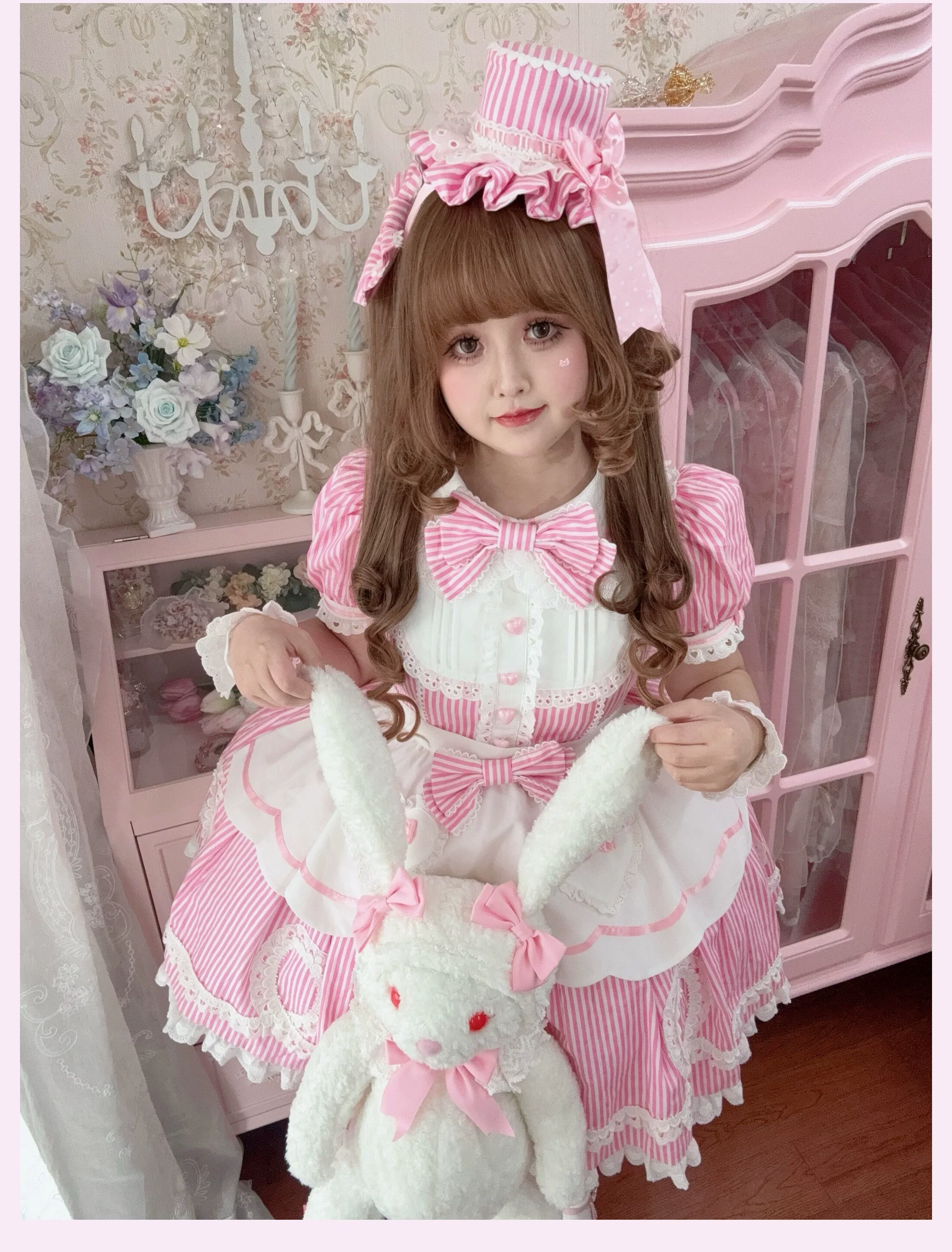 Candy Shop Manager - Old School Lolita Striped OP Dress, Detachable Apron - Image 33