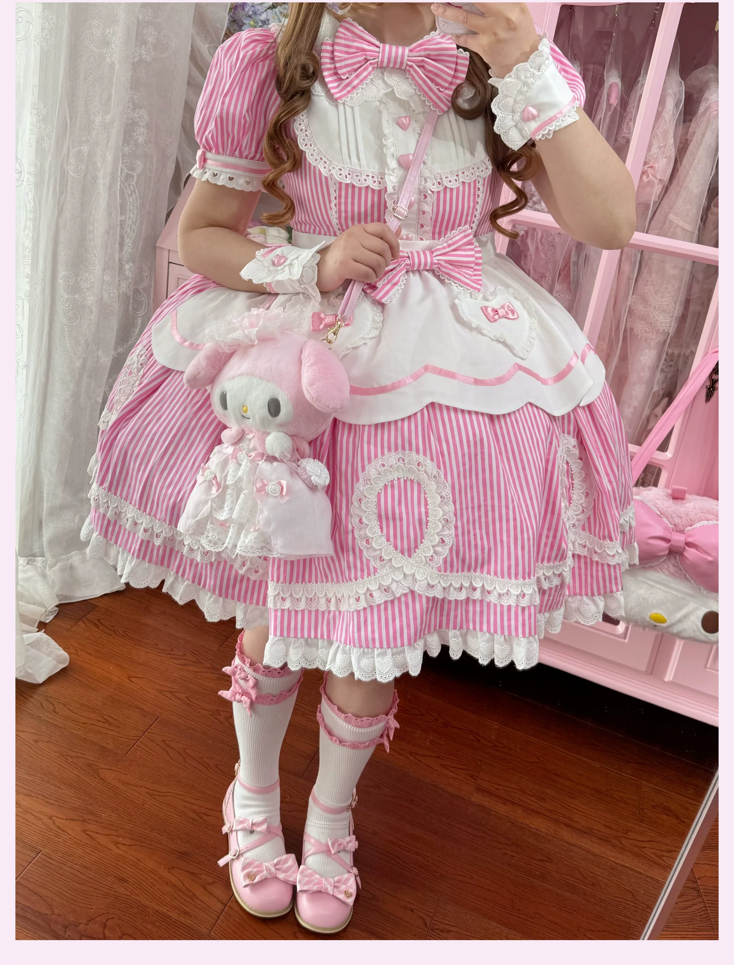 Candy Shop Manager - Old School Lolita Striped OP Dress, Detachable Apron - Image 34