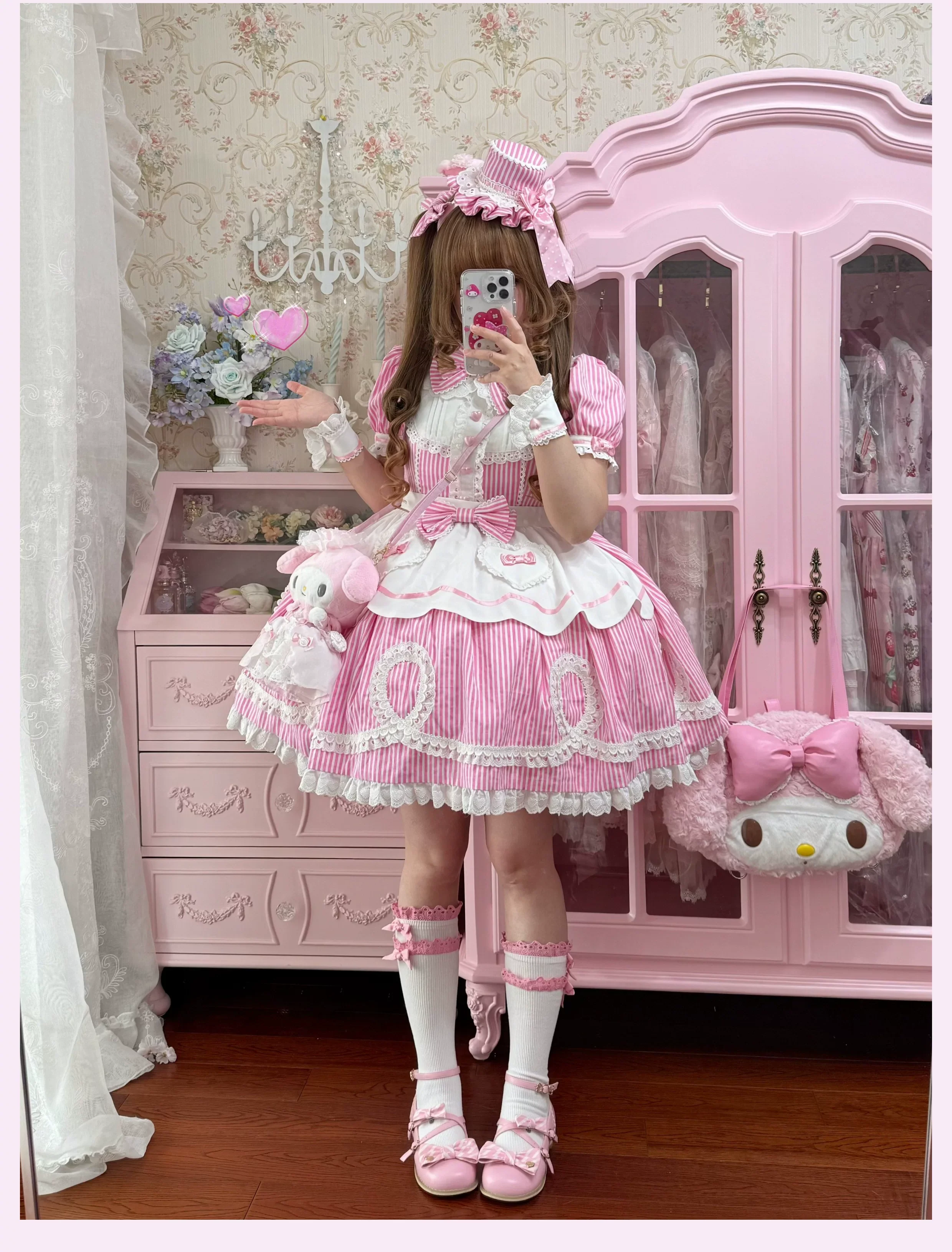 Candy Shop Manager - Old School Lolita Striped OP Dress, Detachable Apron - Image 35
