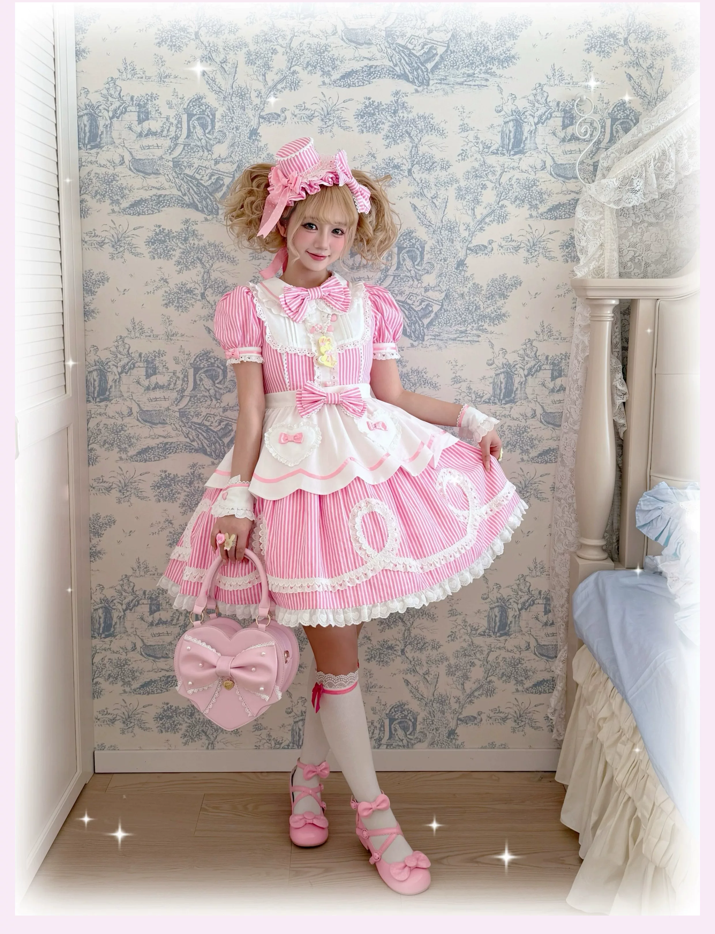 Candy Shop Manager - Old School Lolita Striped OP Dress, Detachable Apron - Image 36