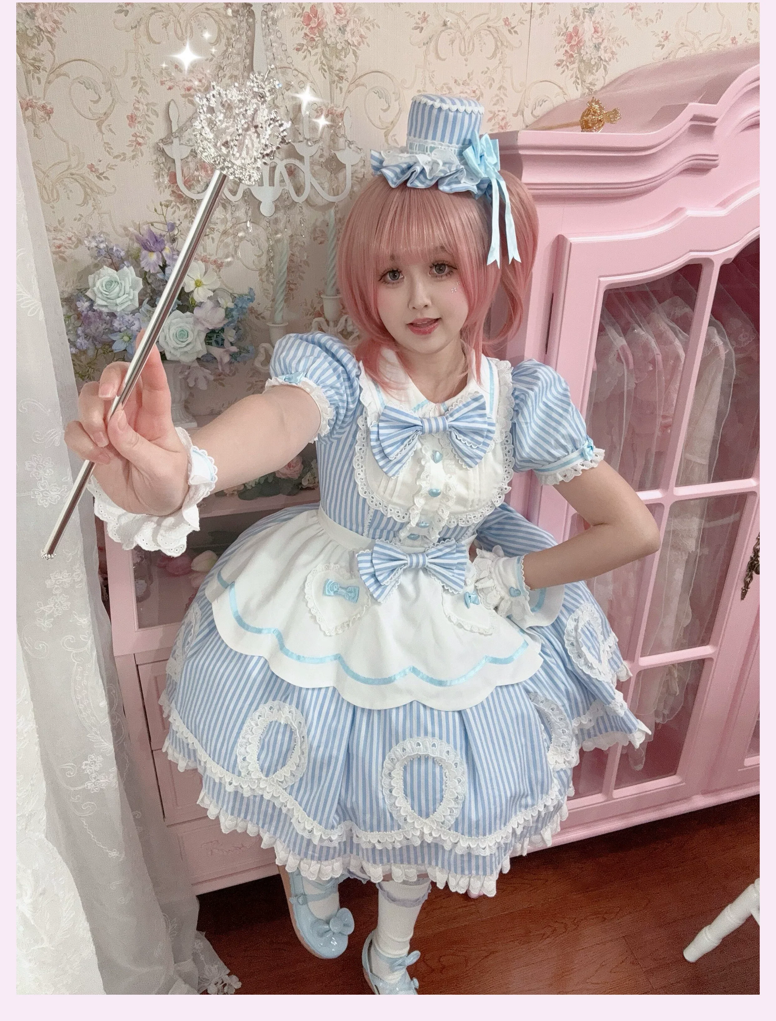Candy Shop Manager - Old School Lolita Striped OP Dress, Detachable Apron - Image 37