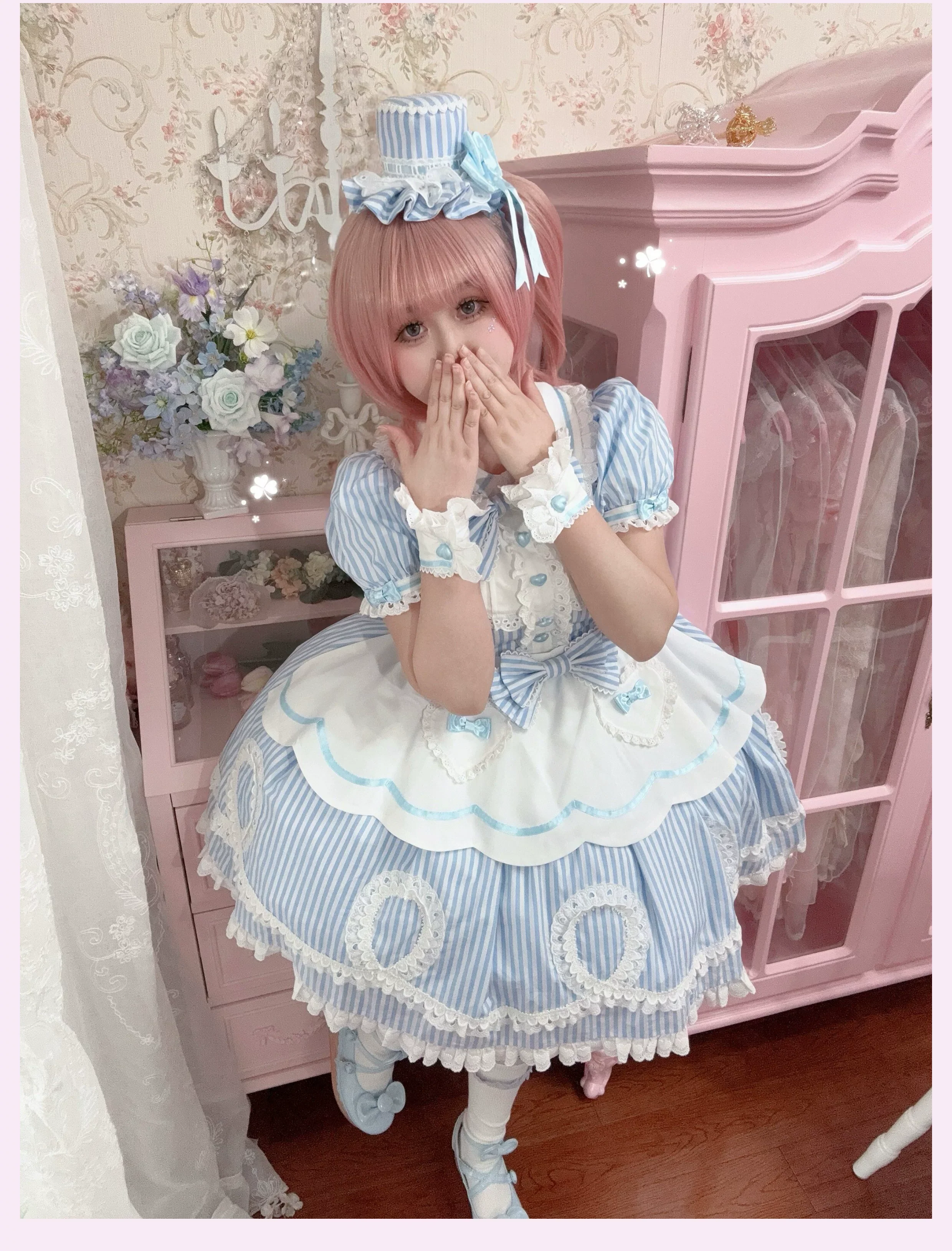 Candy Shop Manager - Old School Lolita Striped OP Dress, Detachable Apron - Image 39