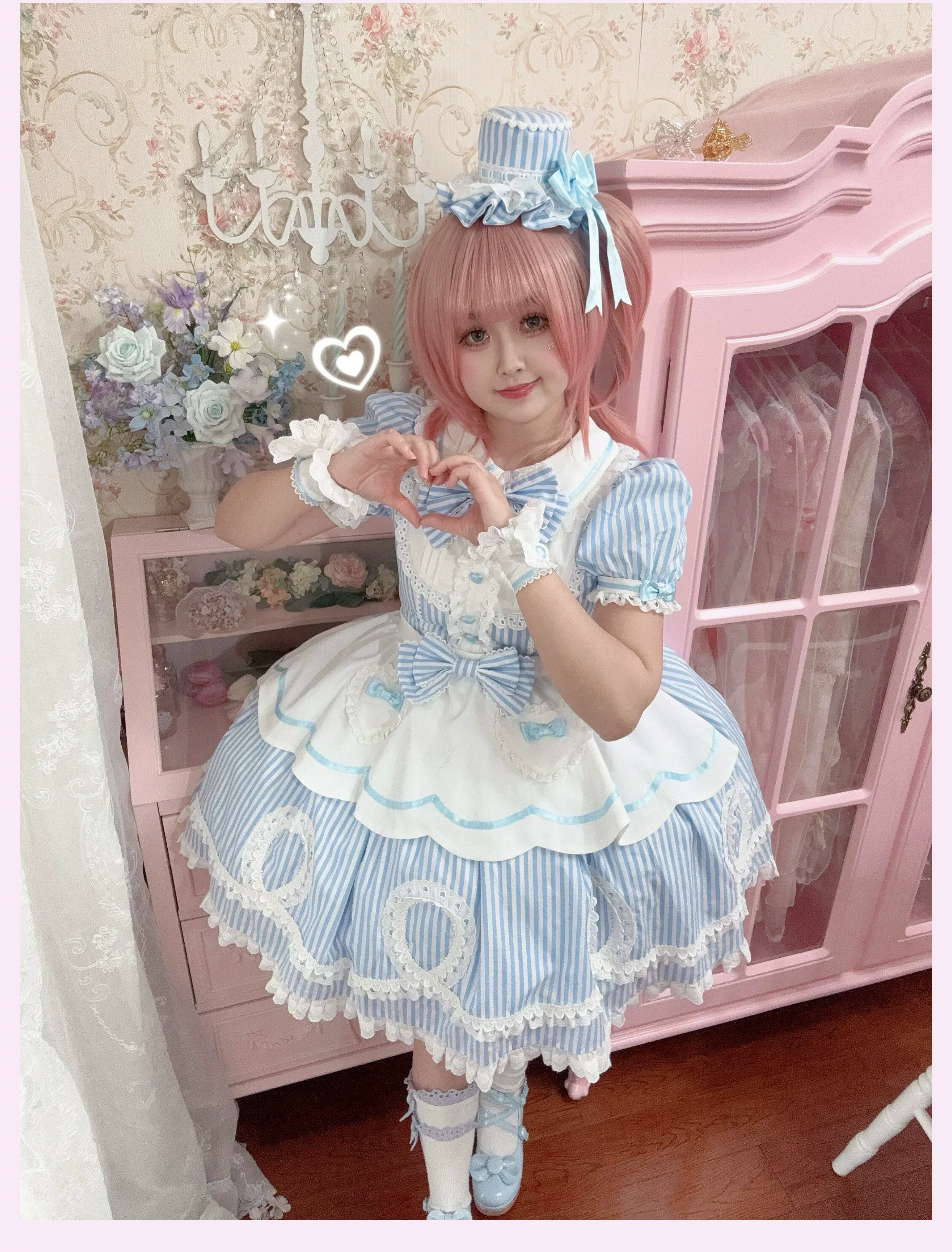 Candy Shop Manager - Old School Lolita Striped OP Dress, Detachable Apron - Image 40