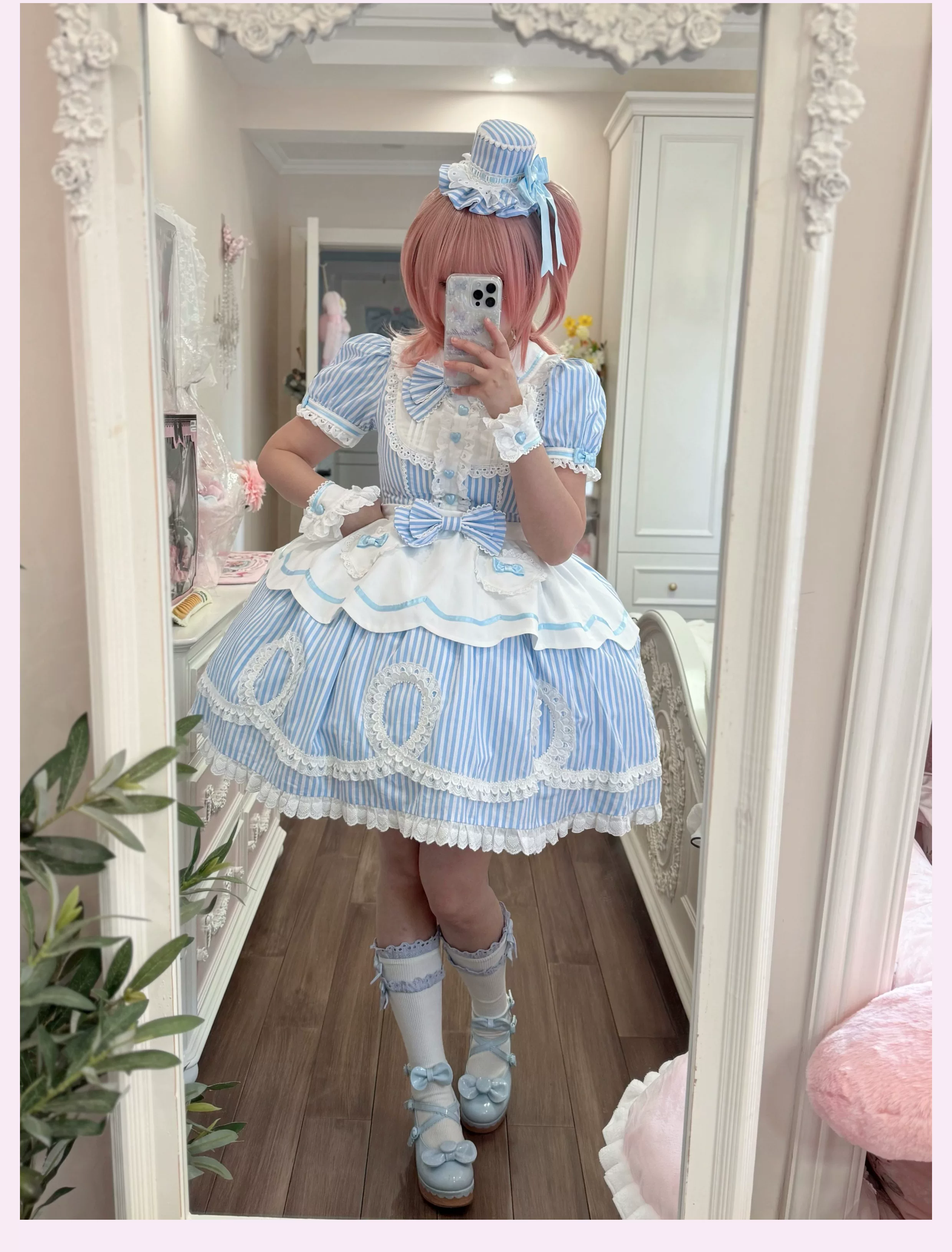 Candy Shop Manager - Old School Lolita Striped OP Dress, Detachable Apron - Image 41