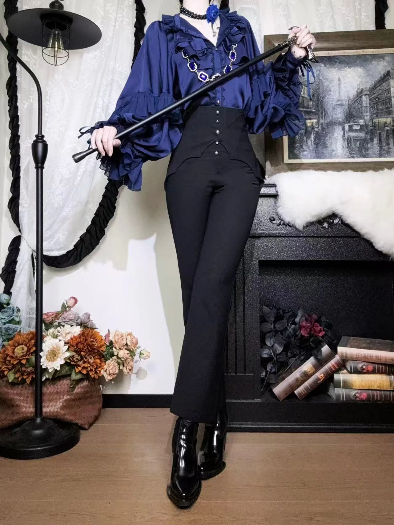 Earl of Drooping Wings - Ouji Lolita Flared Pants, Batwing Decoration - Image 13
