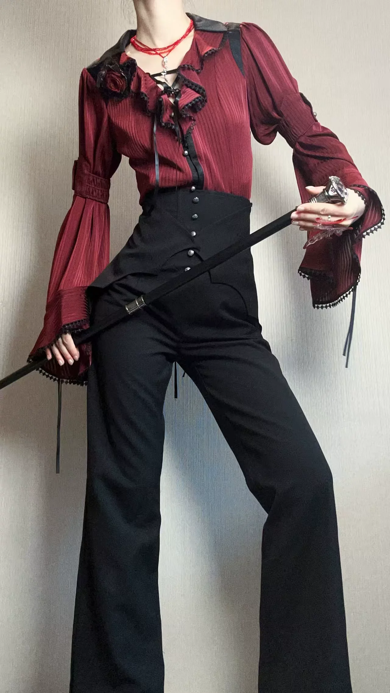 Earl of Drooping Wings - Ouji Lolita Flared Pants, Batwing Decoration - Image 19