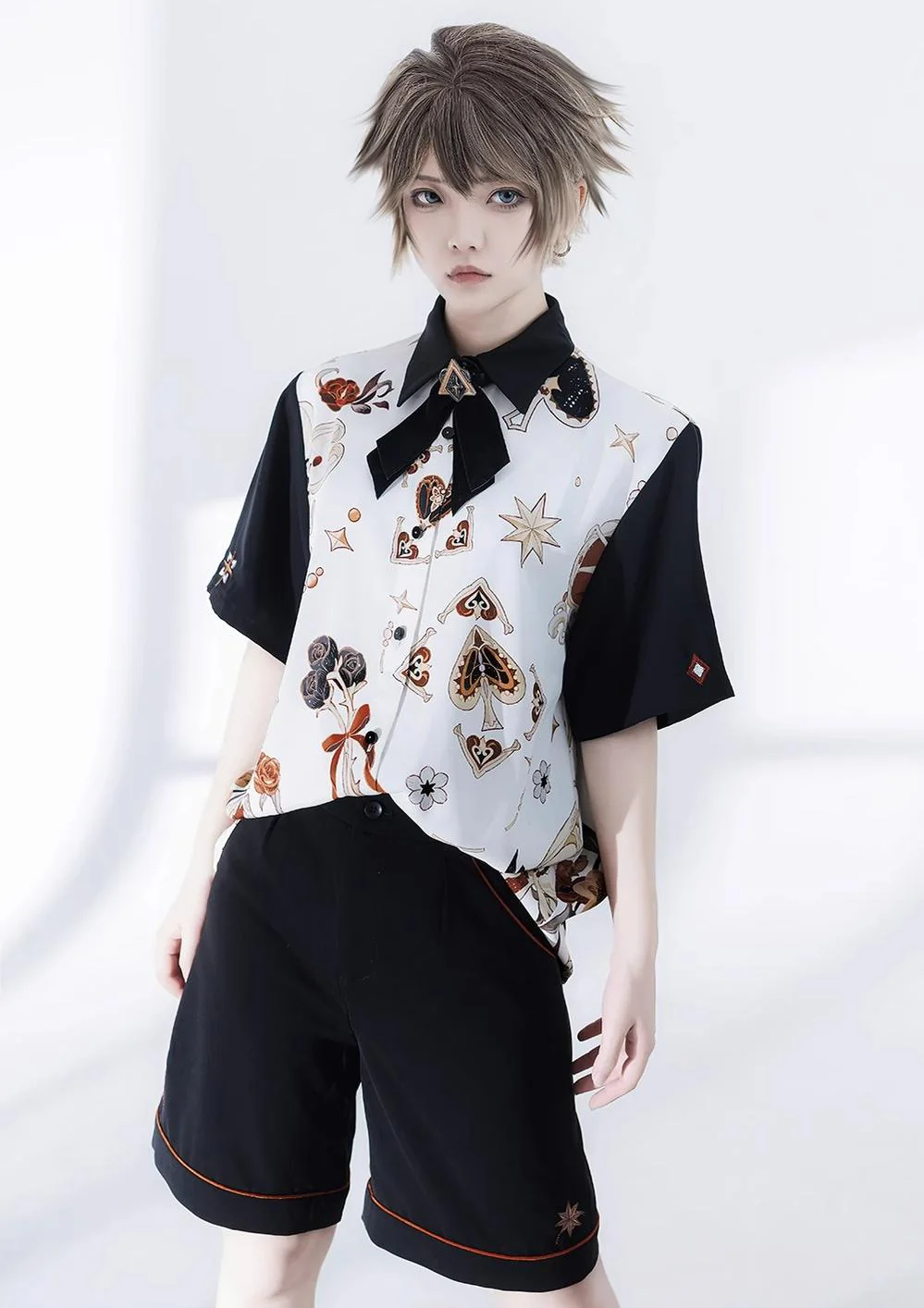 Floral Intoxication - Retro Ouji Lolita Shirt Floral Short Sleeve Shirt and Embroidered Black Shorts