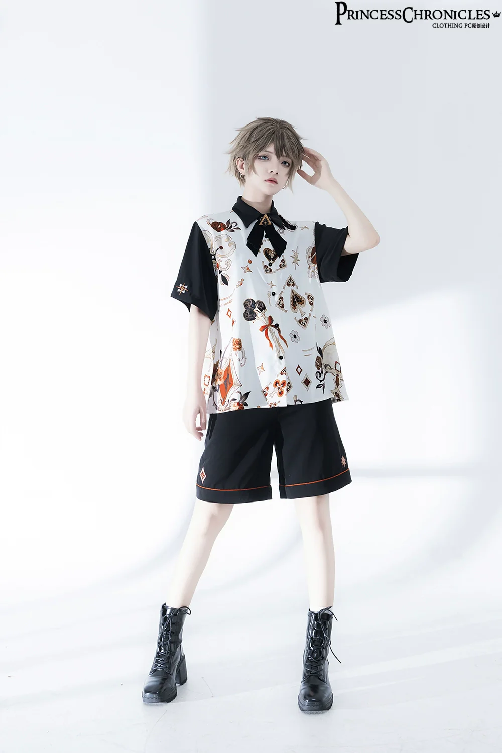 Floral Intoxication - Retro Ouji Lolita Shirt Floral Short Sleeve Shirt and Embroidered Black Shorts - Image 2
