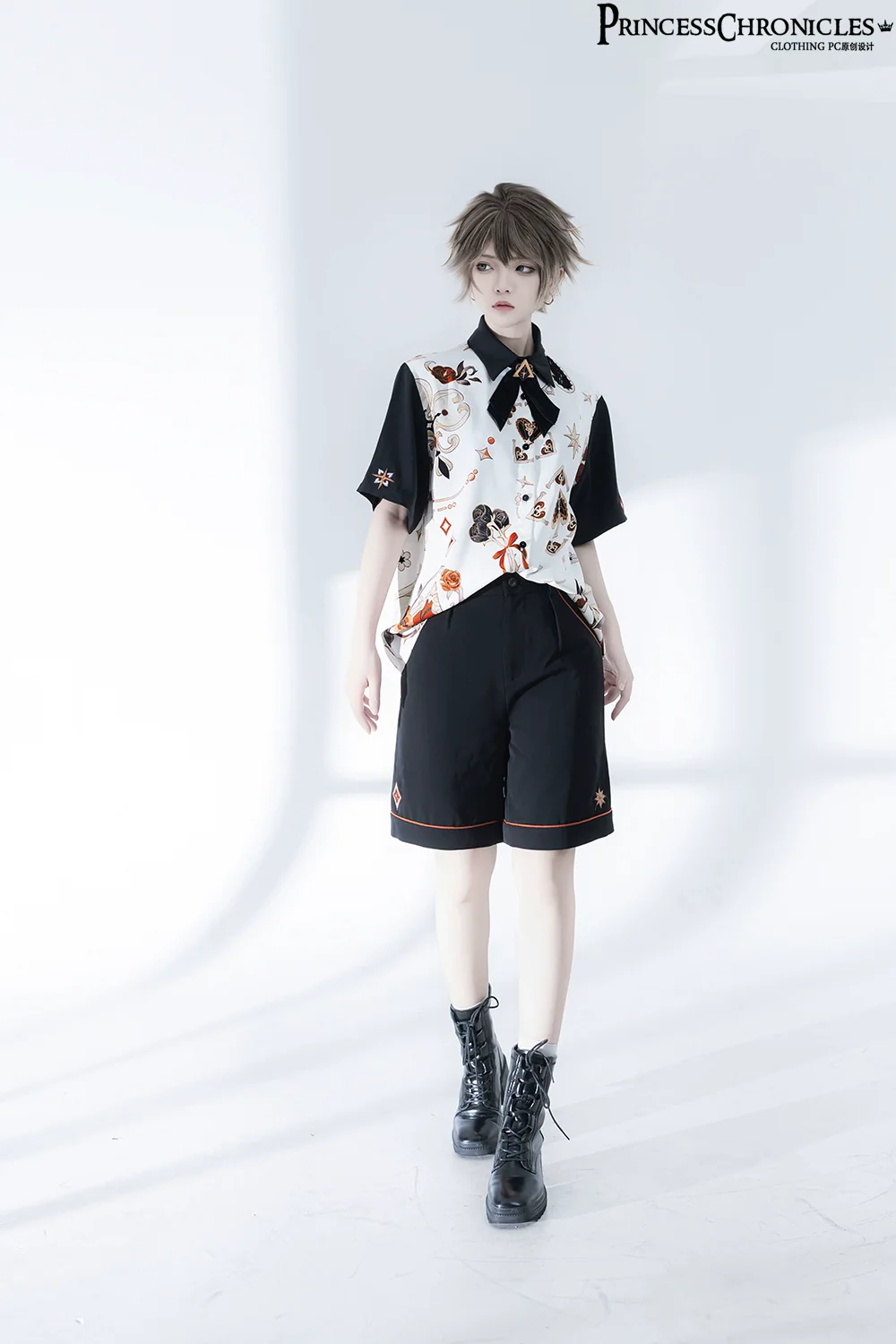 Floral Intoxication - Retro Ouji Lolita Shirt Floral Short Sleeve Shirt and Embroidered Black Shorts - Image 3
