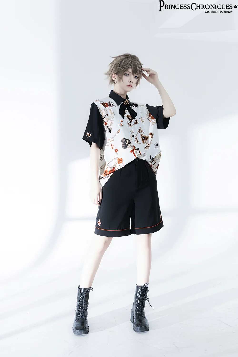 Floral Intoxication - Retro Ouji Lolita Shirt Floral Short Sleeve Shirt and Embroidered Black Shorts - Image 4
